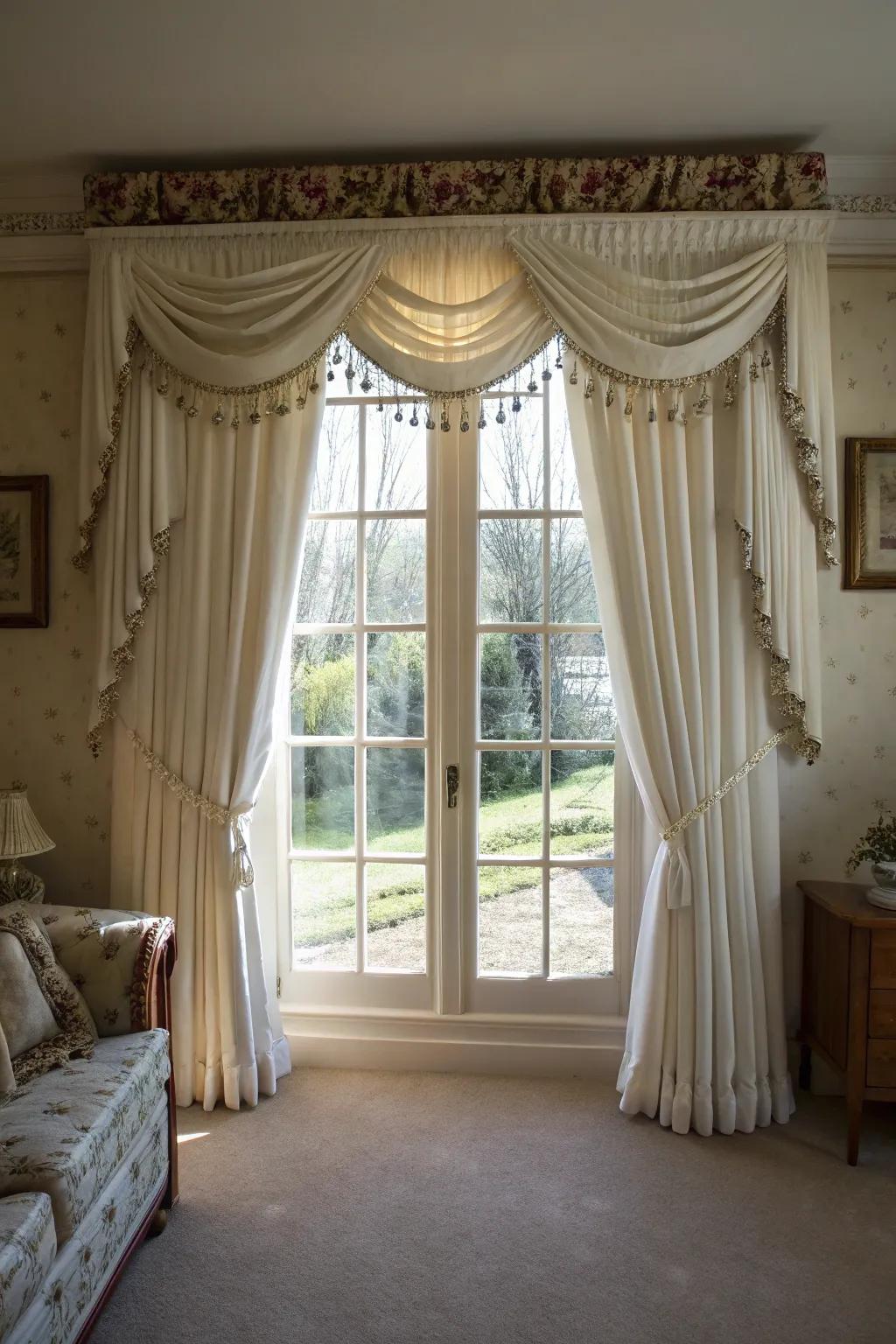 A valance adds a touch of sophistication to these layered curtains.