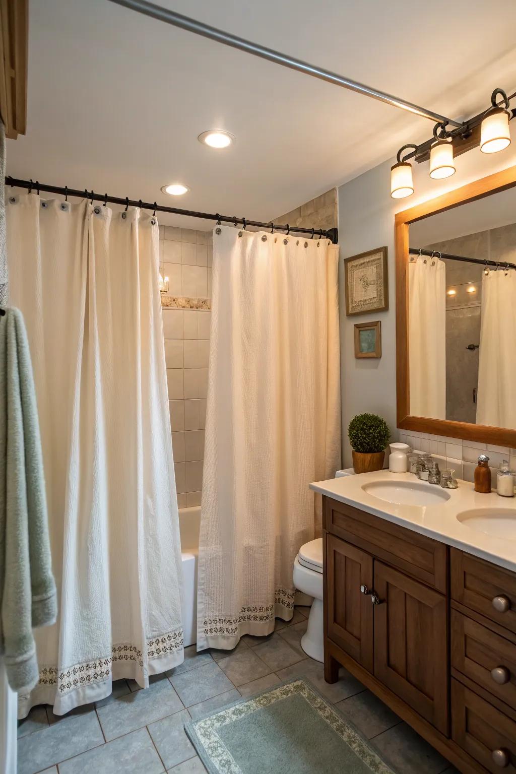 Delicate drapes heighten the ambiance of a lavatory.