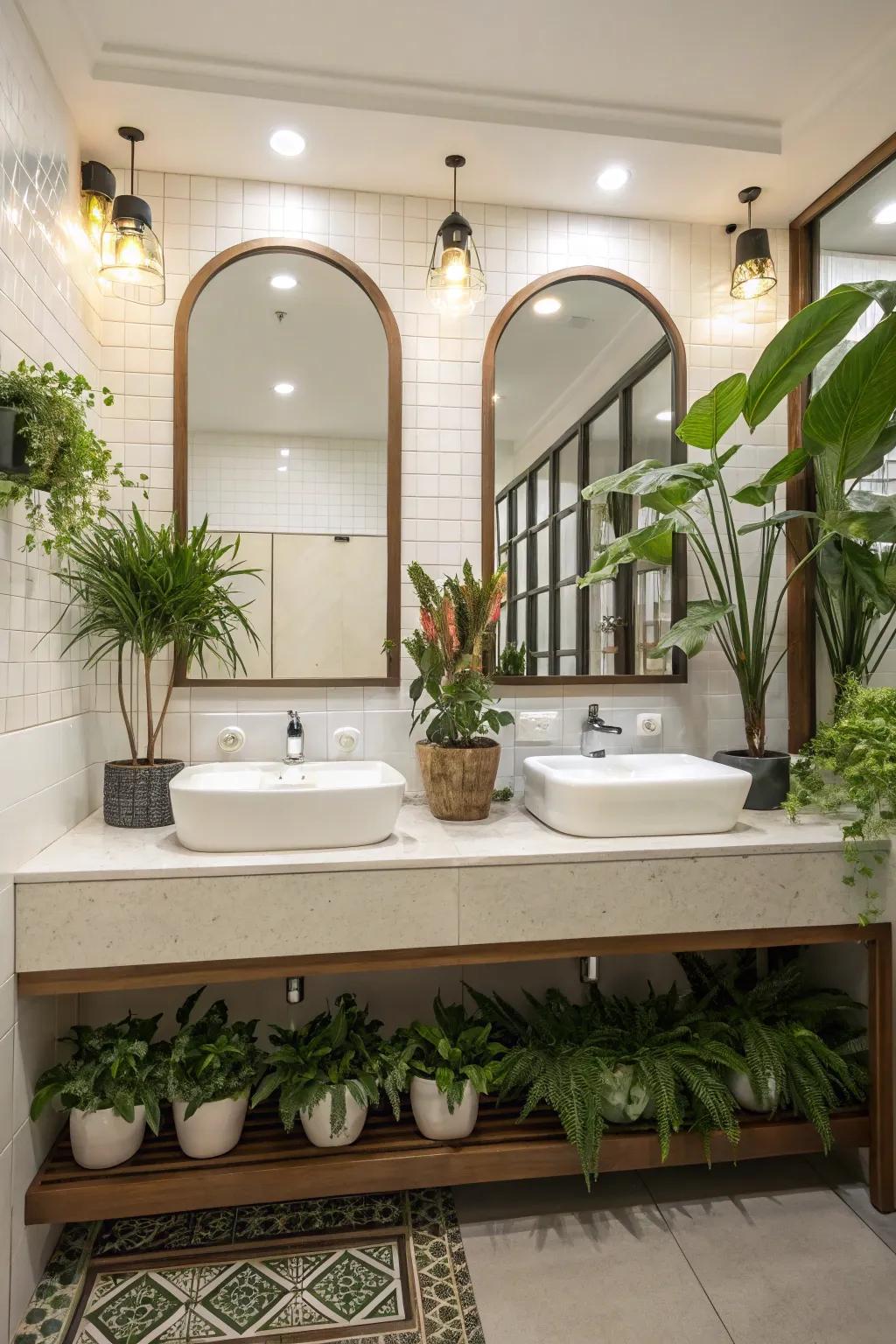 Decorative plants bring a personal touch to the bathroom with double sinks.