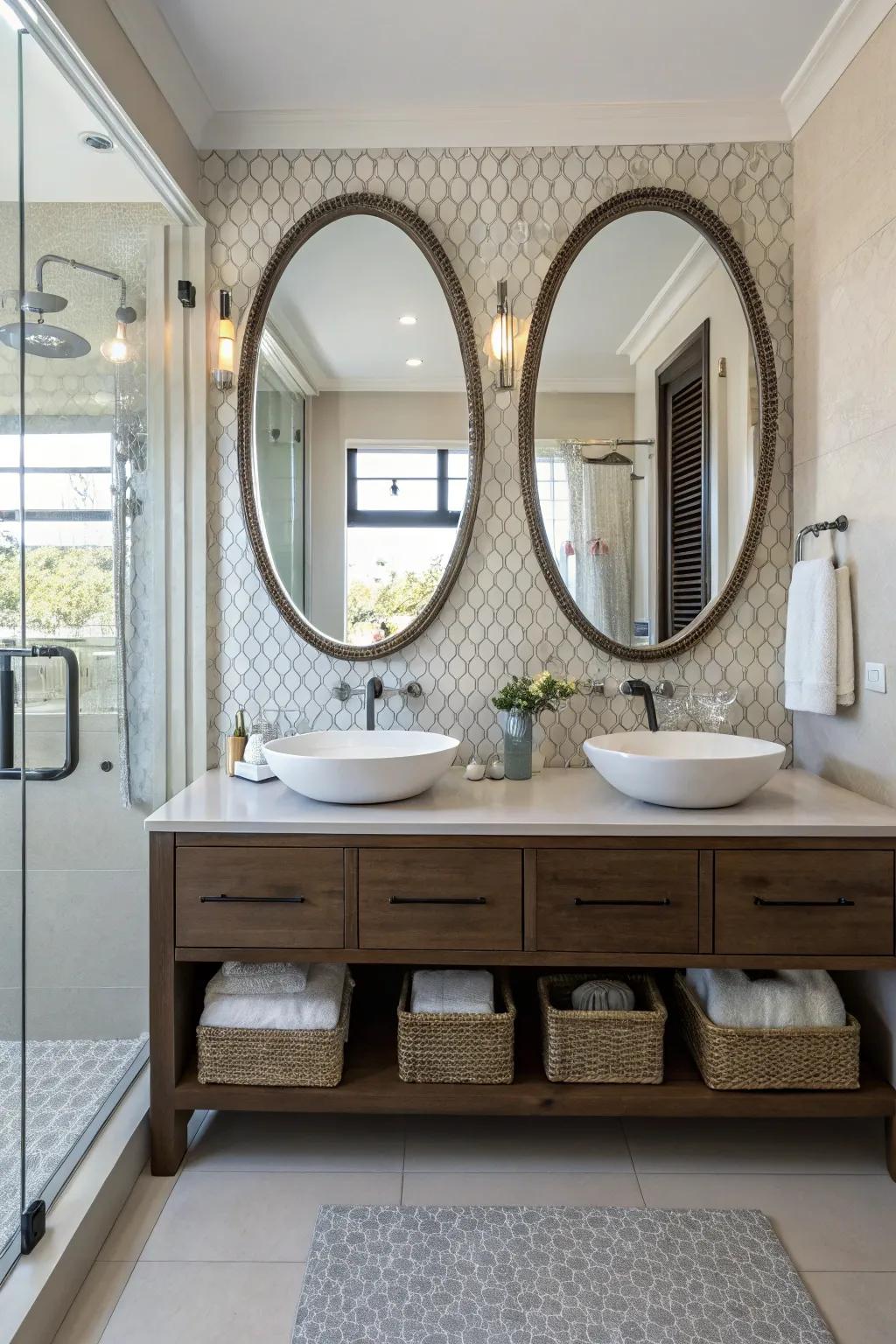 Unique mirror forms contribute character to the vanity space.