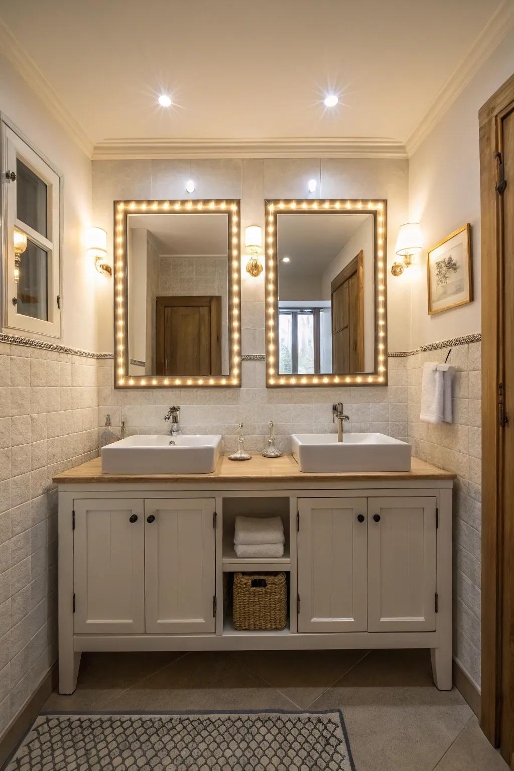 Mirrors with backlighting illuminate and enhance sophistication.