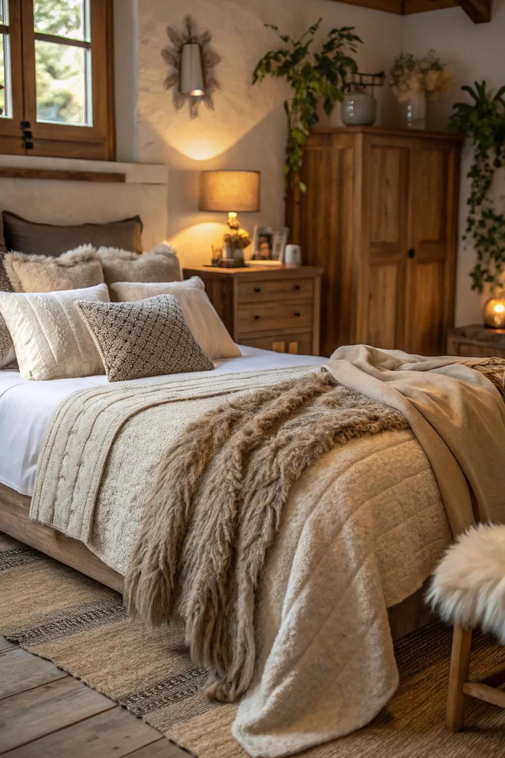 Cozy textures make the bedroom feel warm and inviting.