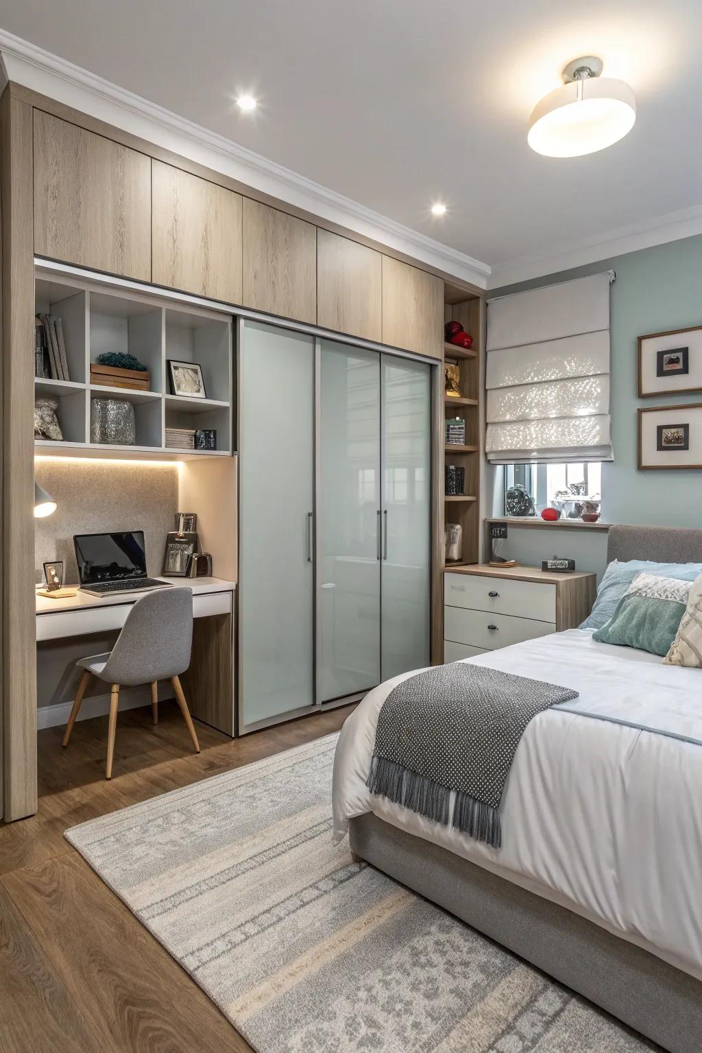 An elegant bedroom showcasing multifunctional furniture and a clever layout.