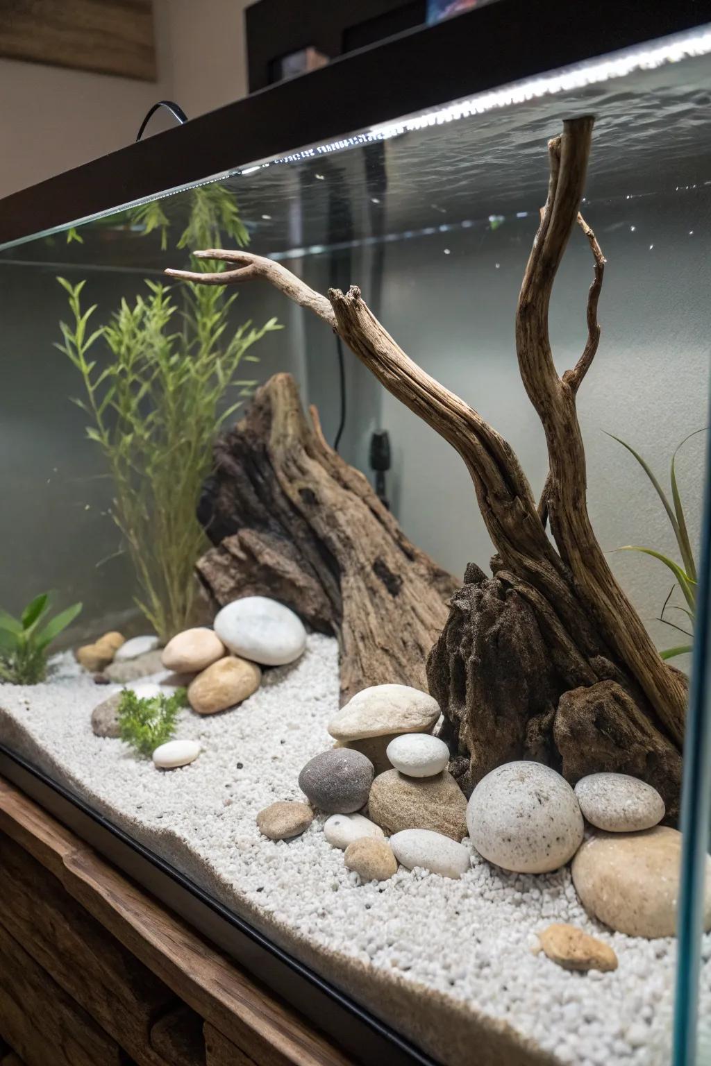 A tranquil Zen garden waterscape featuring minimalist aquatic wood and sleek stones.