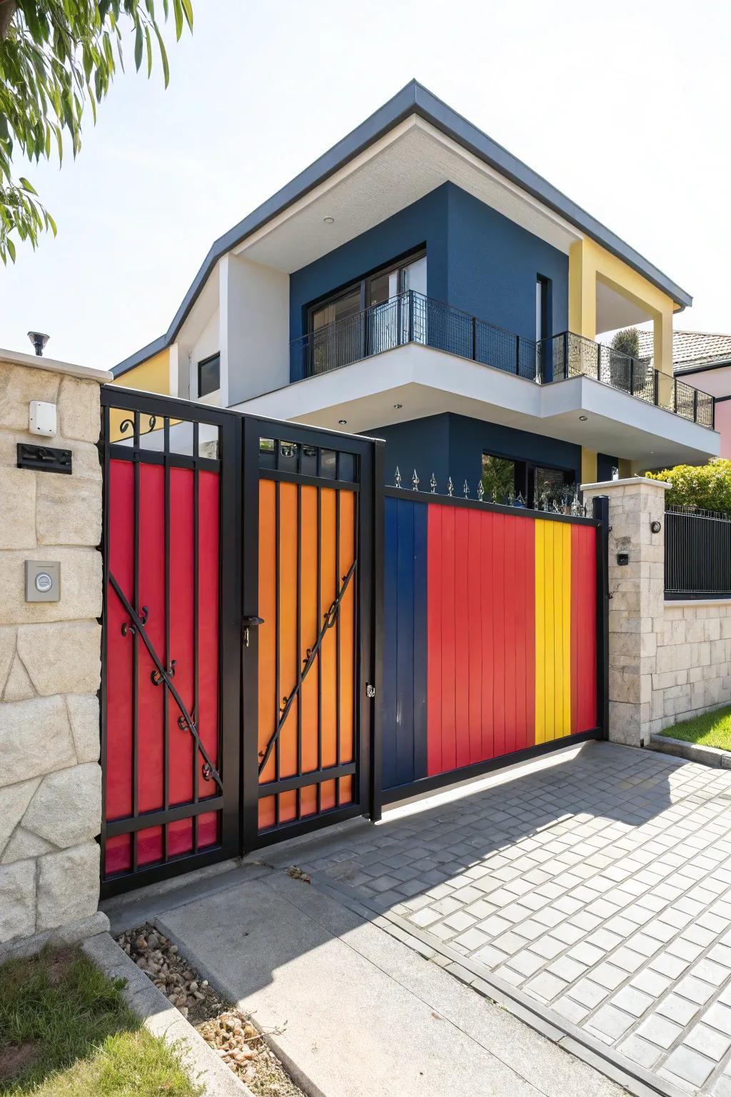 A brightly colored gate that establishes a memorable entrance statement.