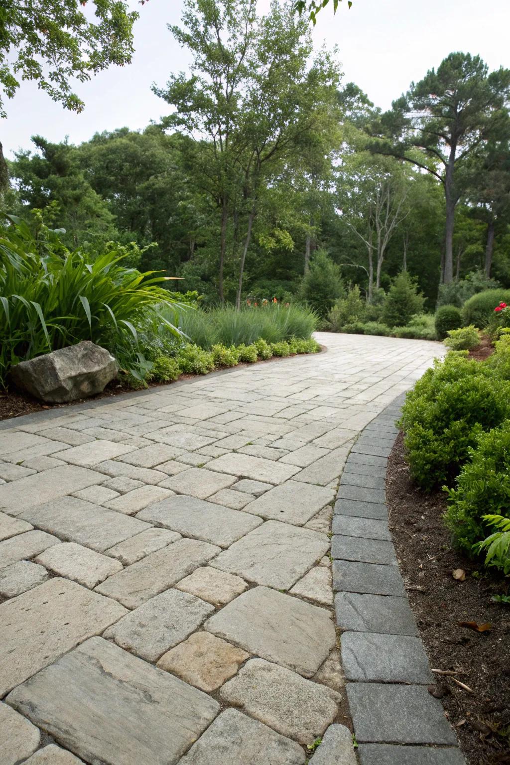 Timeless sophistication with natural stone pavers in a lush environment.