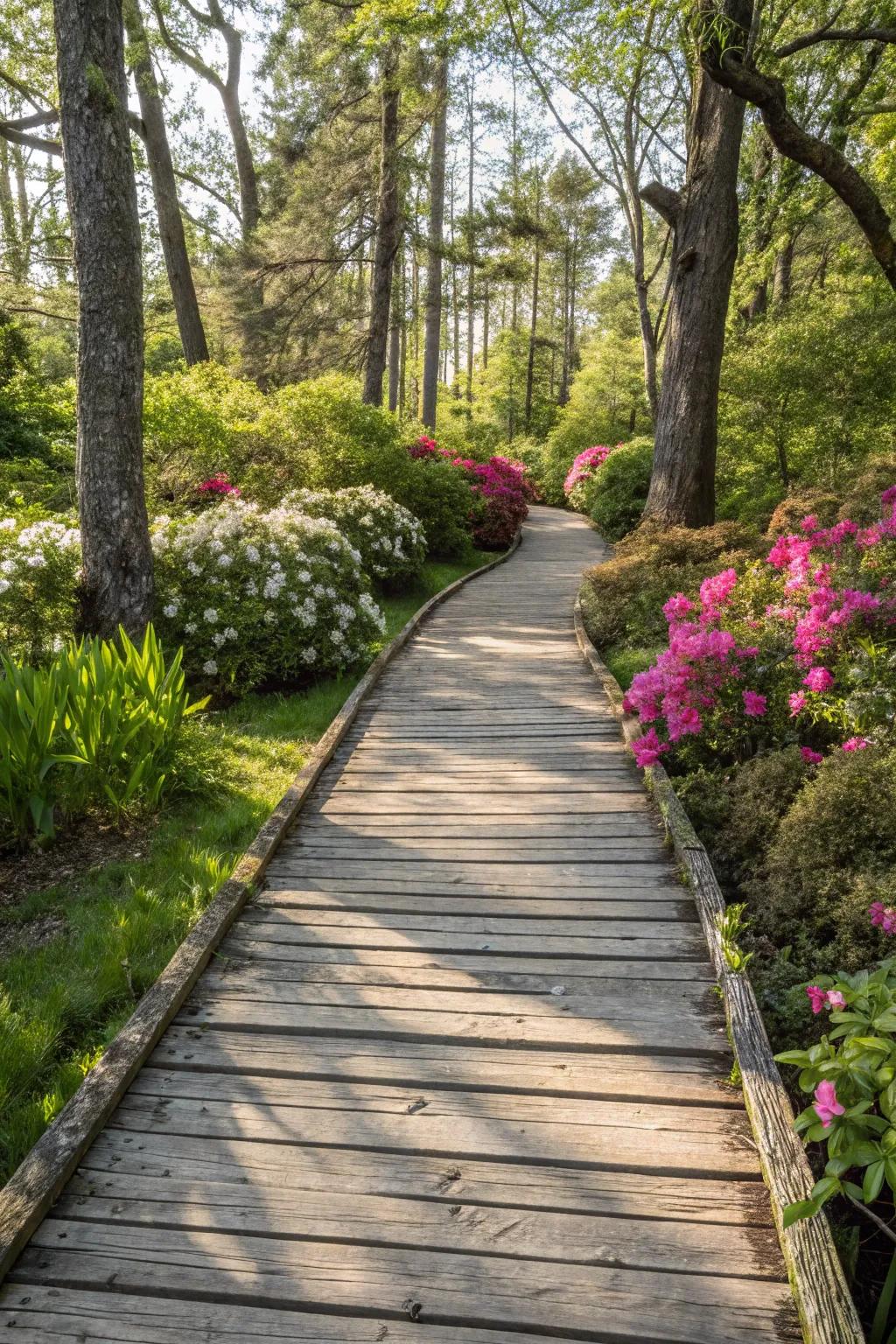An elevated boardwalk offering a stunning view of the garden.