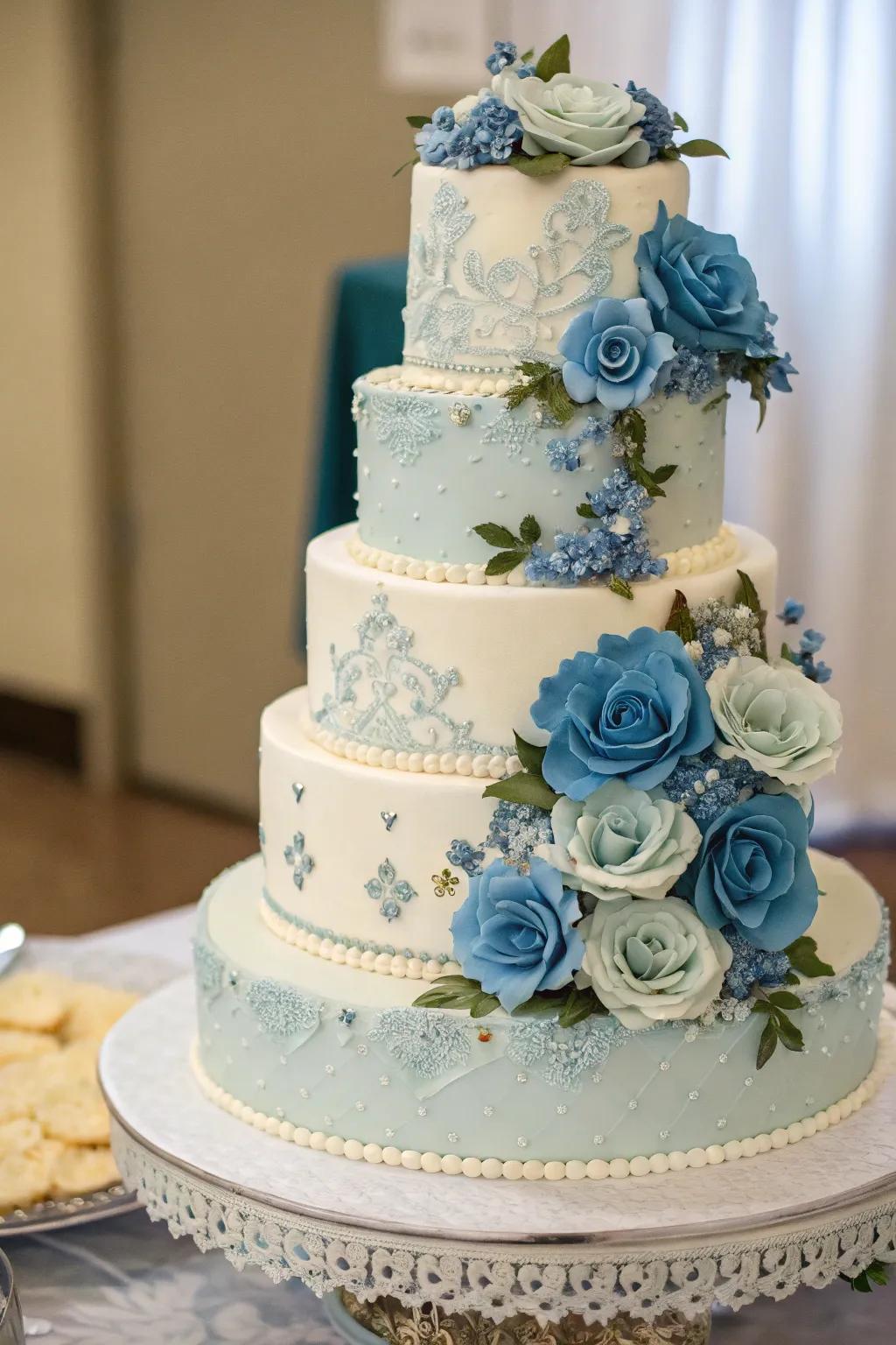 An exquisite wedding cake embellished with hazy azure specifics, impeccable for a sophisticated celebration.