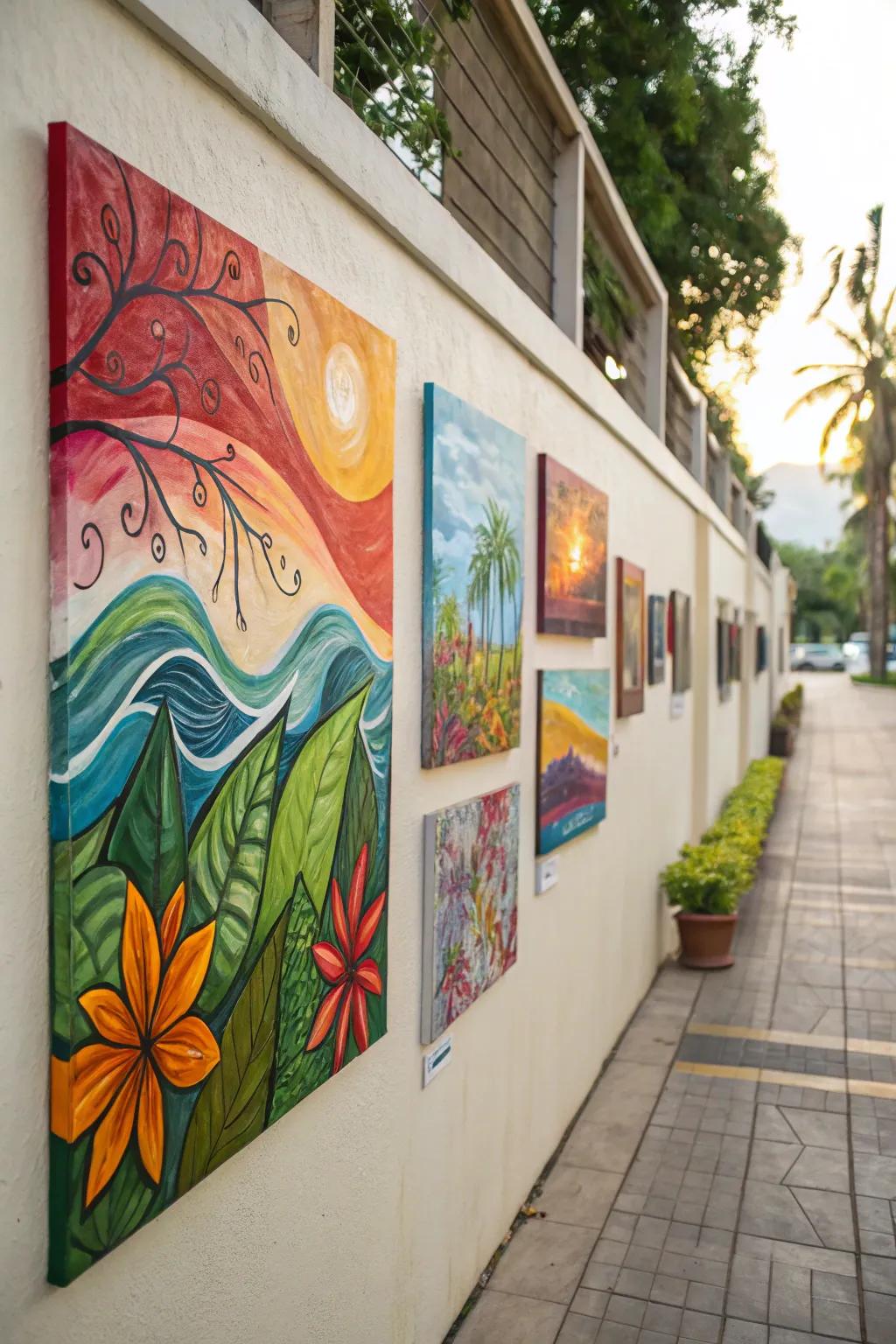 Wall adorned with nature-inspired abstract artwork.