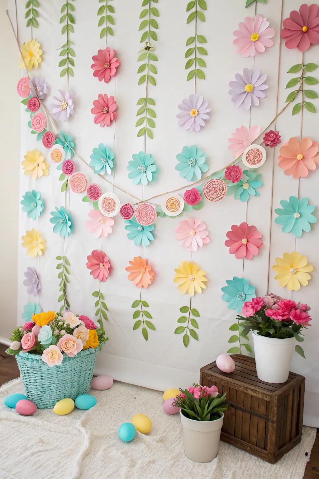 A handmade paper blossom and garland setting provides a personalized touch for Easter visuals.