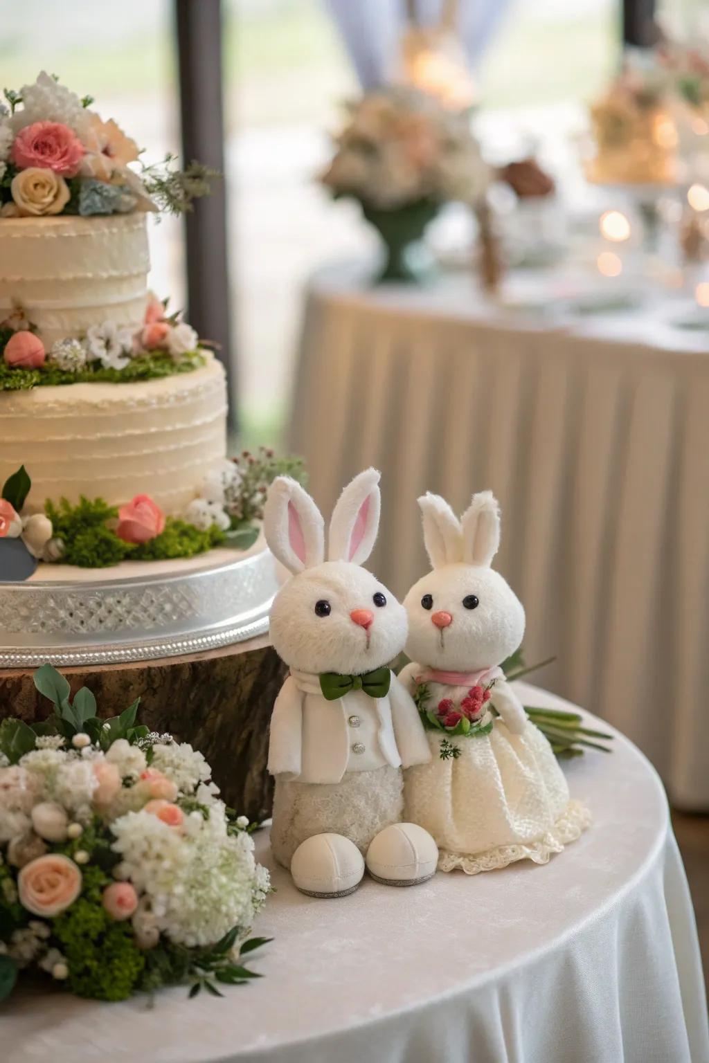 Playful wedding decorations featuring rabbit sculptures and amusing cake decorations.