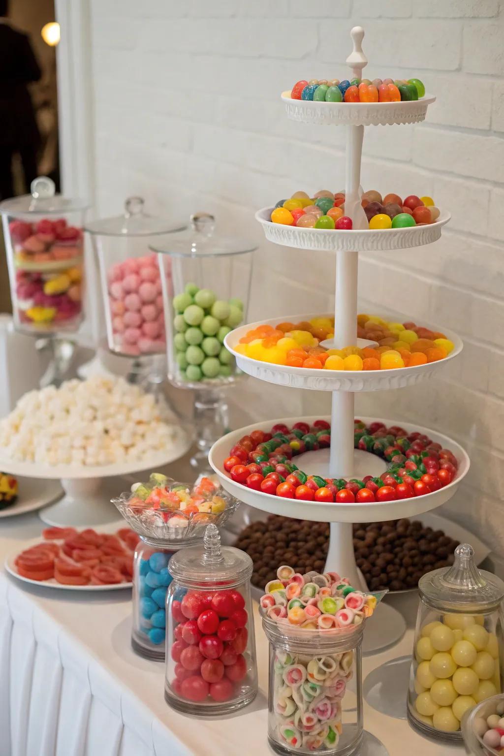 Graduated platforms constructing a vibrant sweet presentation.