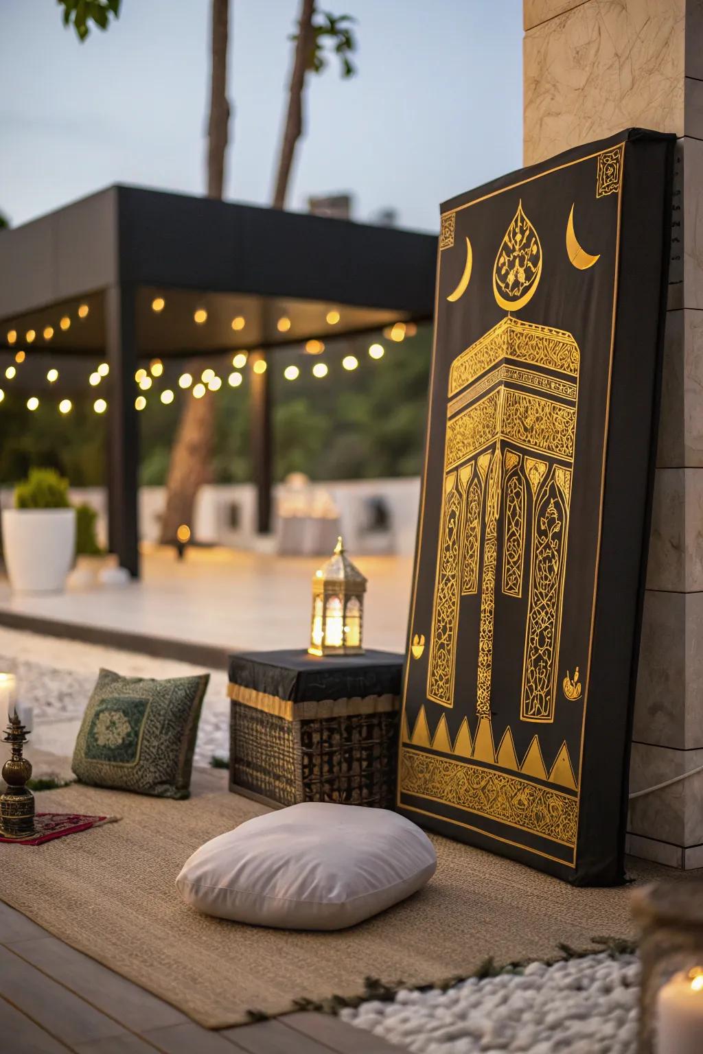 Artwork evoking Kaaba conveys spiritual intensity to your setting.