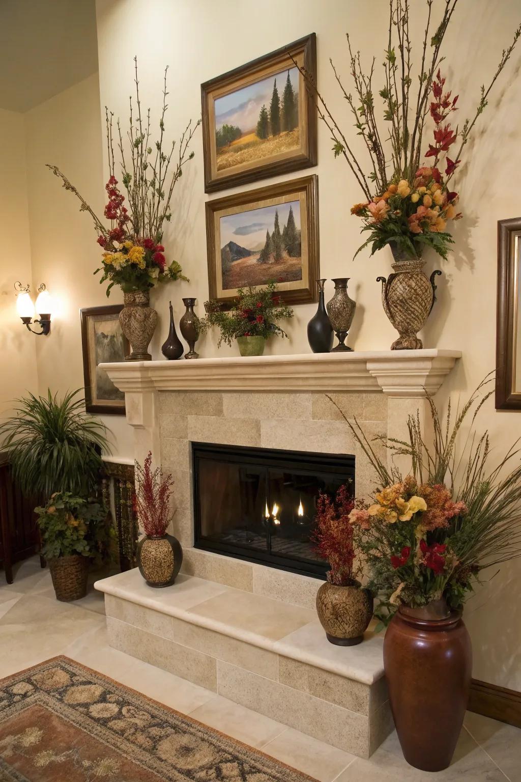 Decorative accents enhance the fireplace's charm.