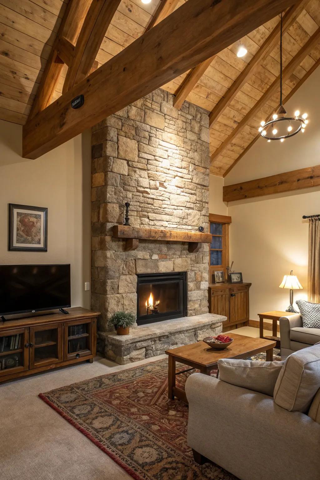 A rustic living room featuring stone and wood elements around an electric firebox