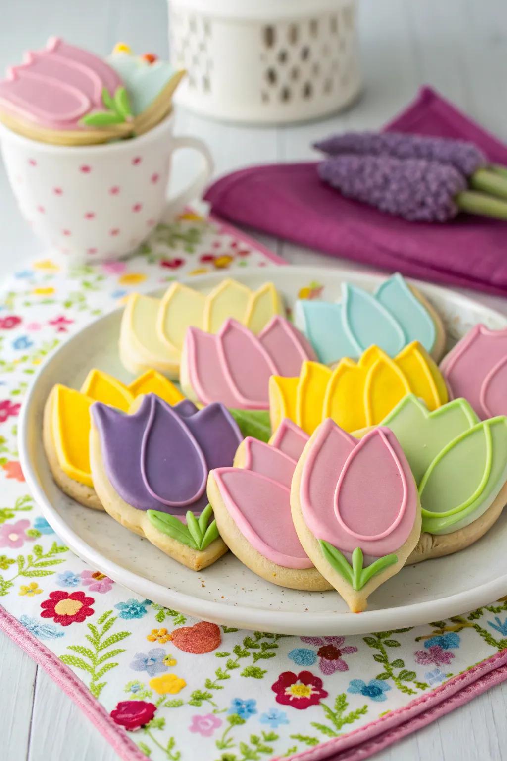 Whimsical tulip cookies prepared to enchant your guests.