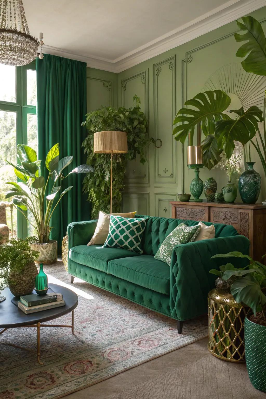 Houseplants perfectly accent the thematic use of deep green.