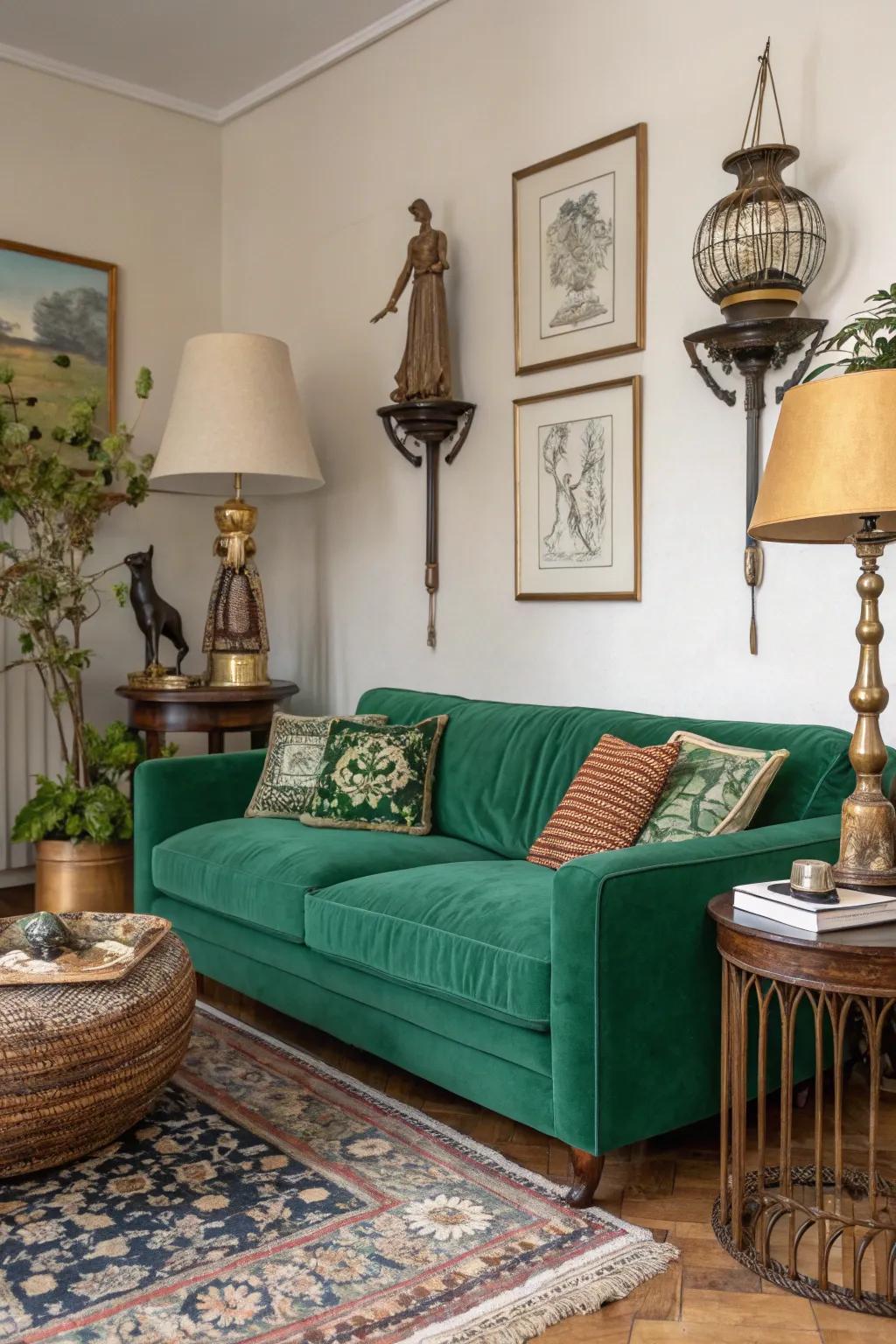 Eclectic accessories bring character to a deep-green couch.