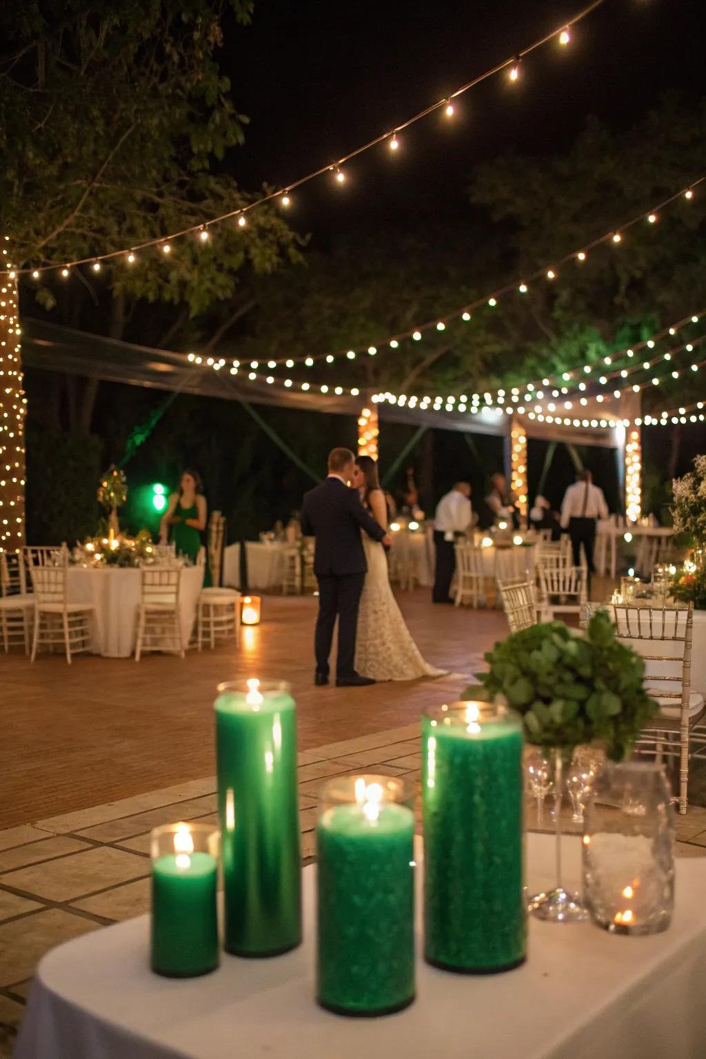 Romantic illumination featuring emerald green wax lights.