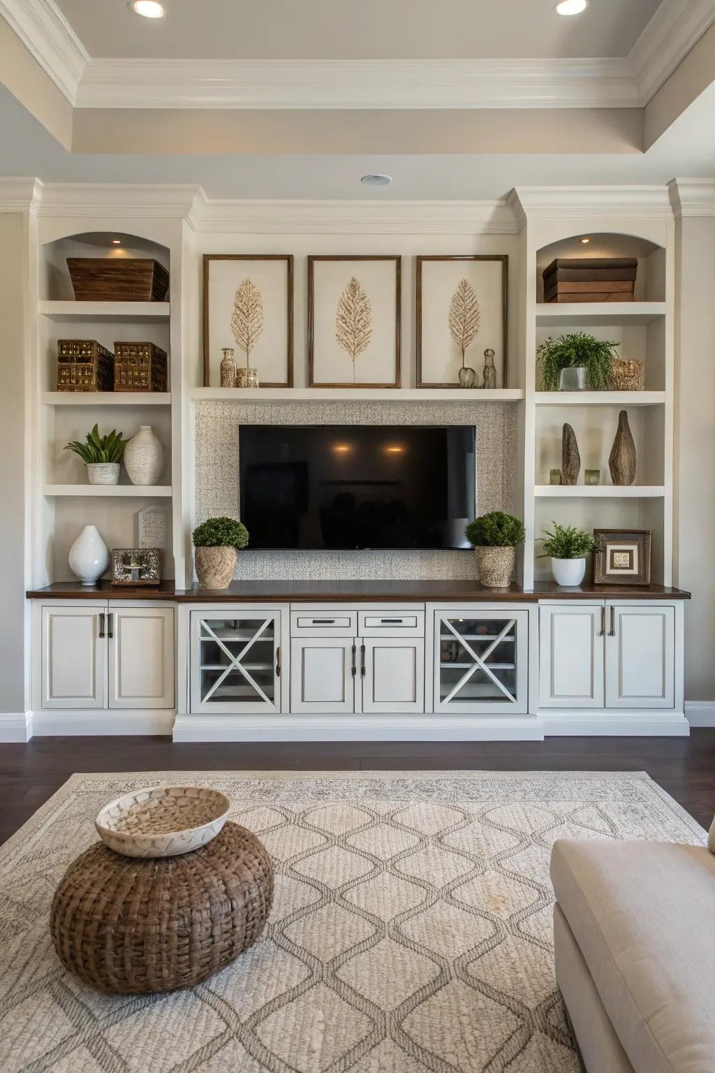 Symmetrical decor elements bring equilibrium to this entertainment center.