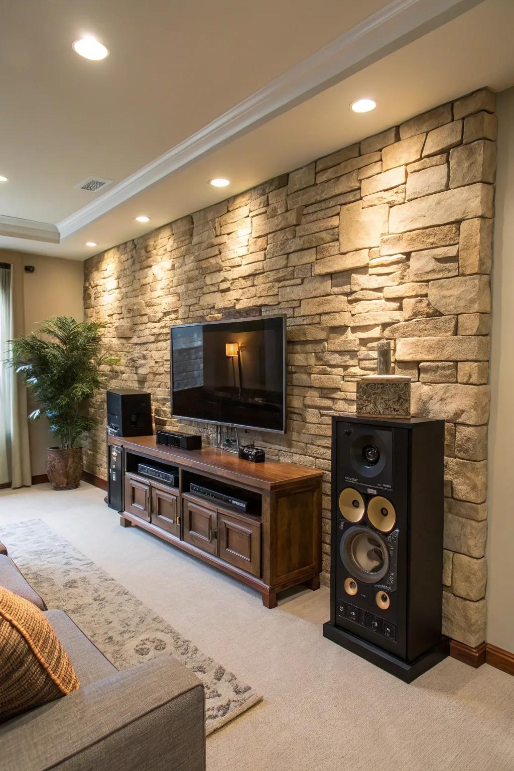 An entertainment center positioned against a captivating feature wall.