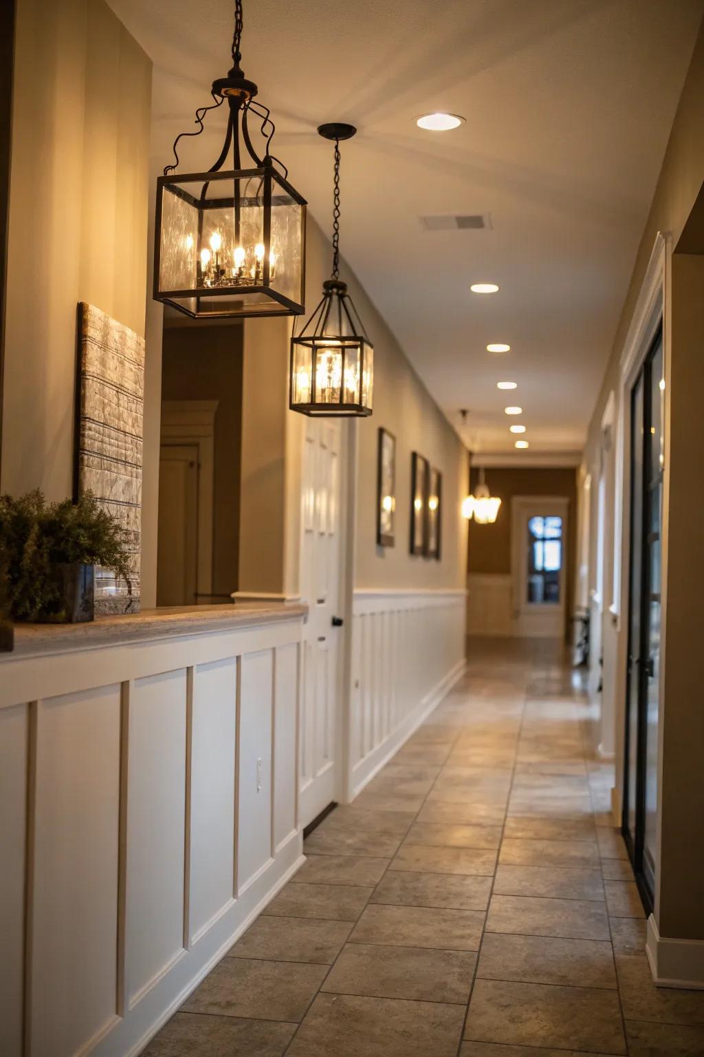 An illuminated entryway featuring hanging lights that enhance the partial wall.