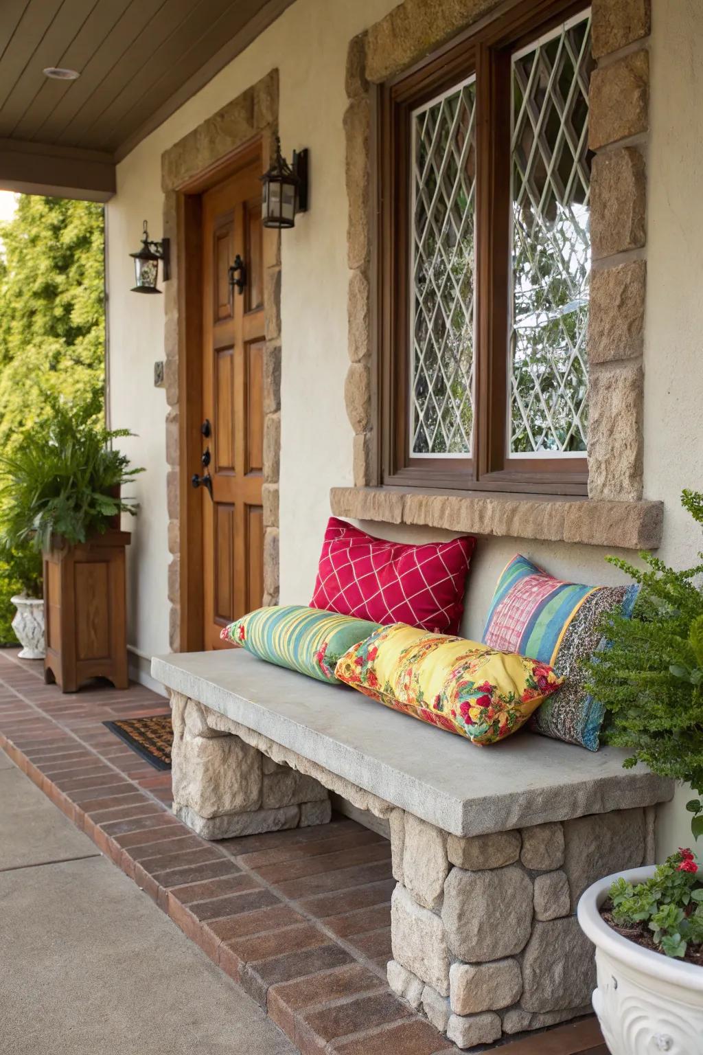 A snug stone bench with cushions provides an ideal location for unwinding.