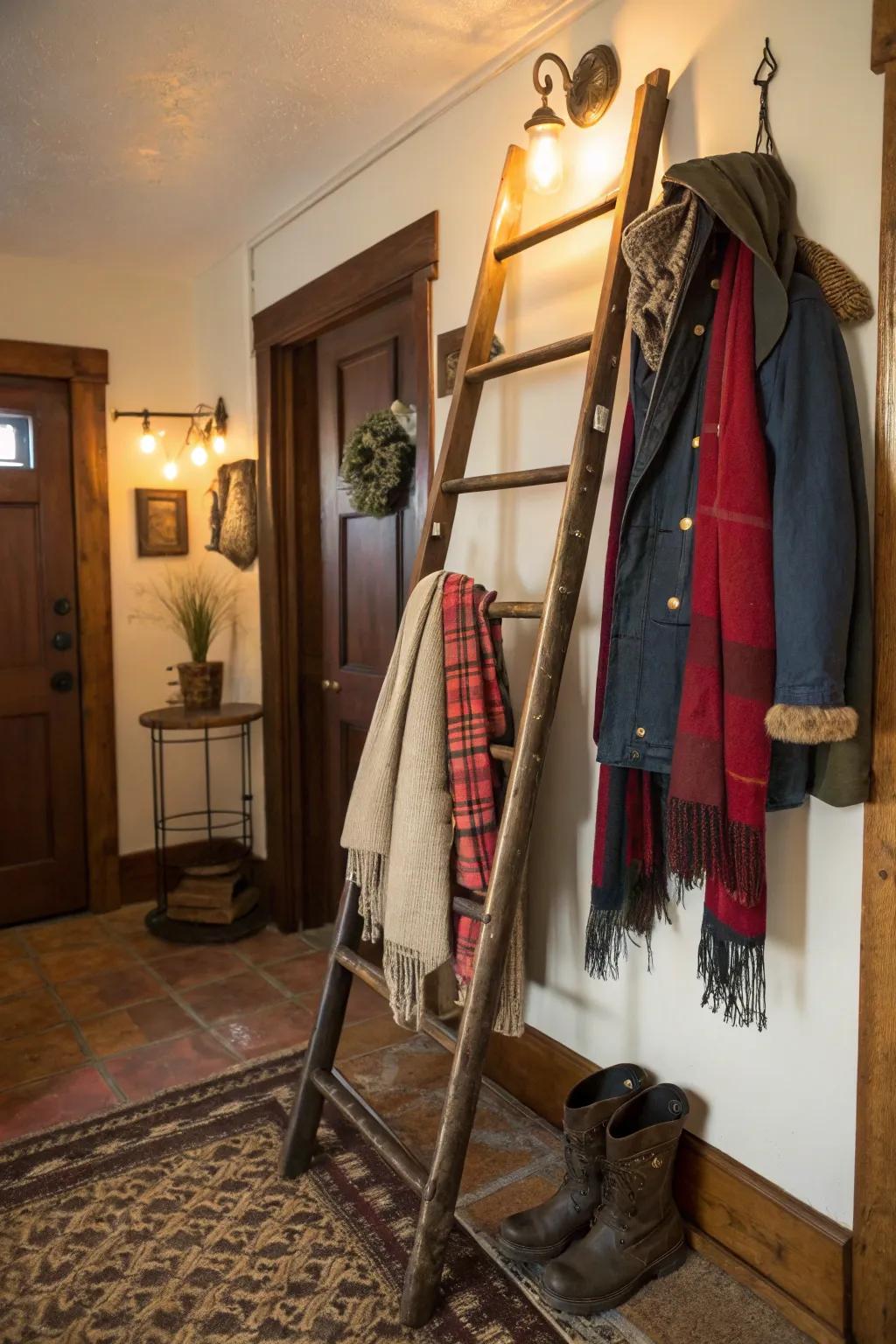 Repurpose a vintage ladder for a creative coat rack.