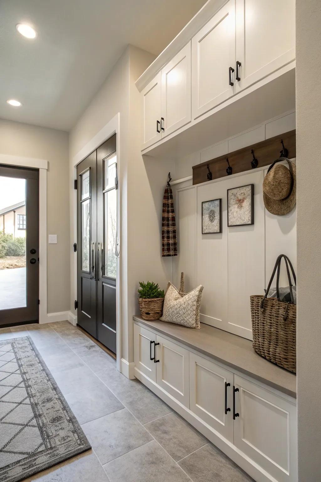 Wall-mounted cabinets keep your entryway neat and clutter-free.