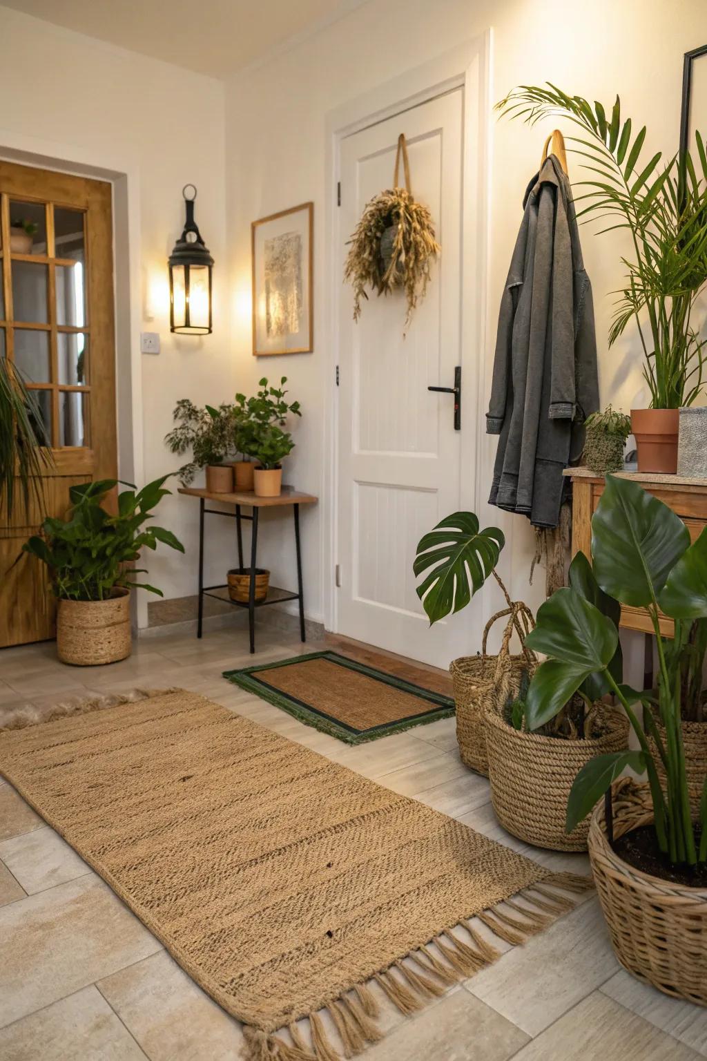 An entrance displaying a jute rug and flora, engendering a snug and inviting atmosphere.