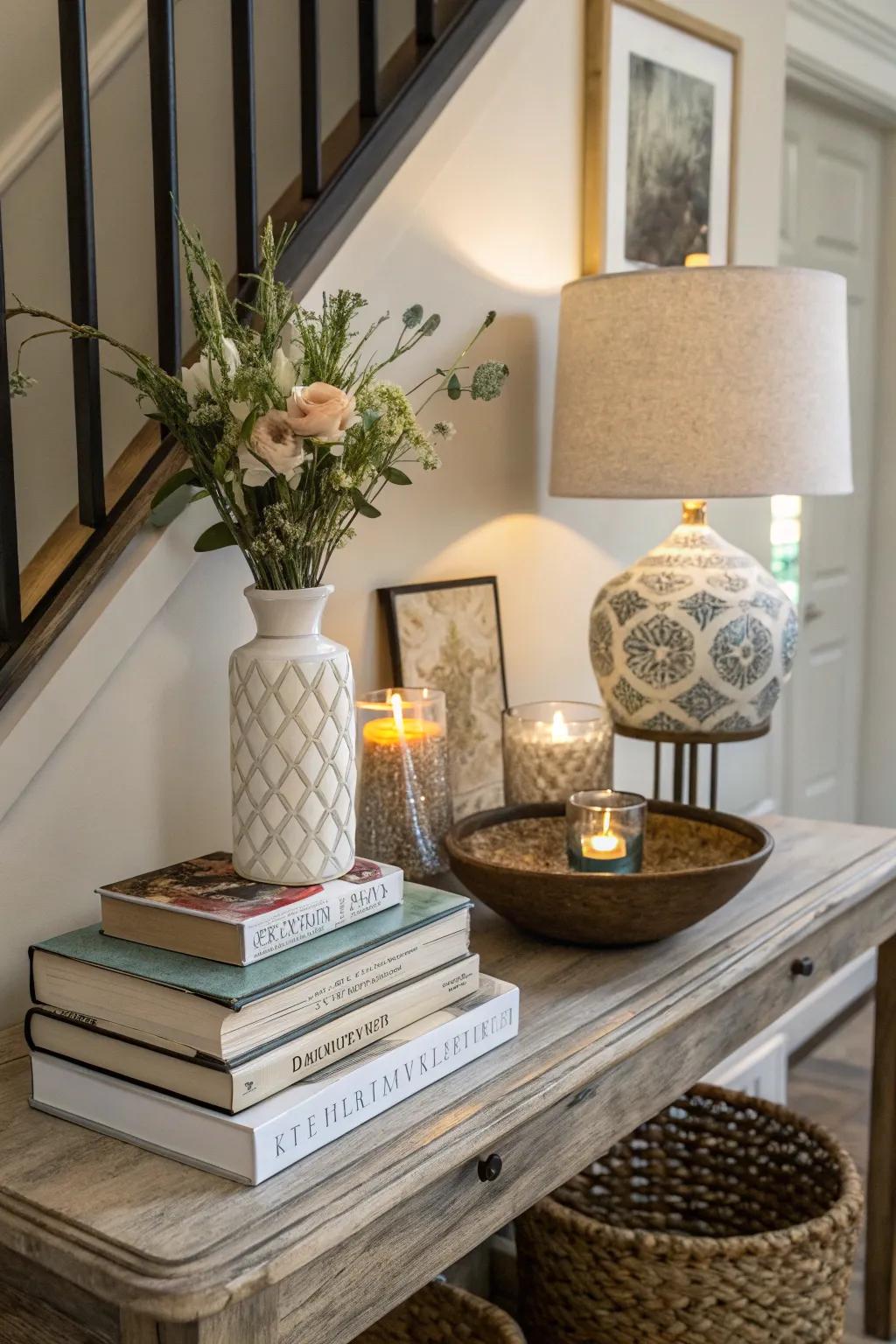 Books introduce depth and serve as pedestals for additional decor.