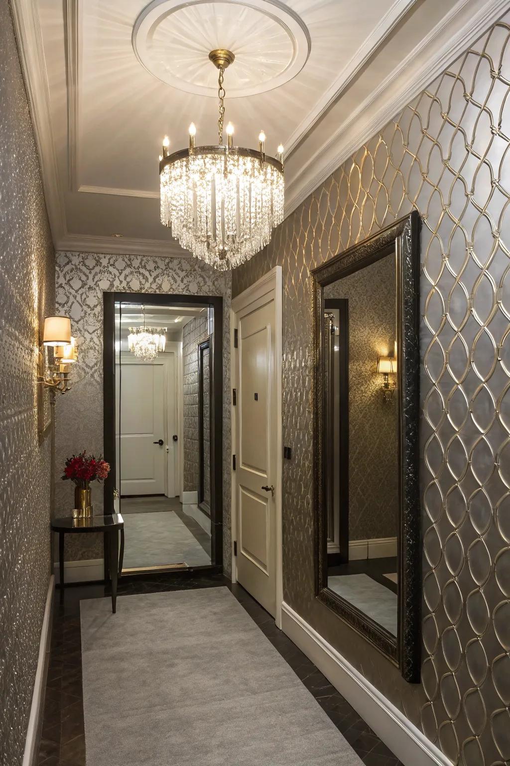 A luxurious entryway featured metallic wallpaper for a glamorous appearance.