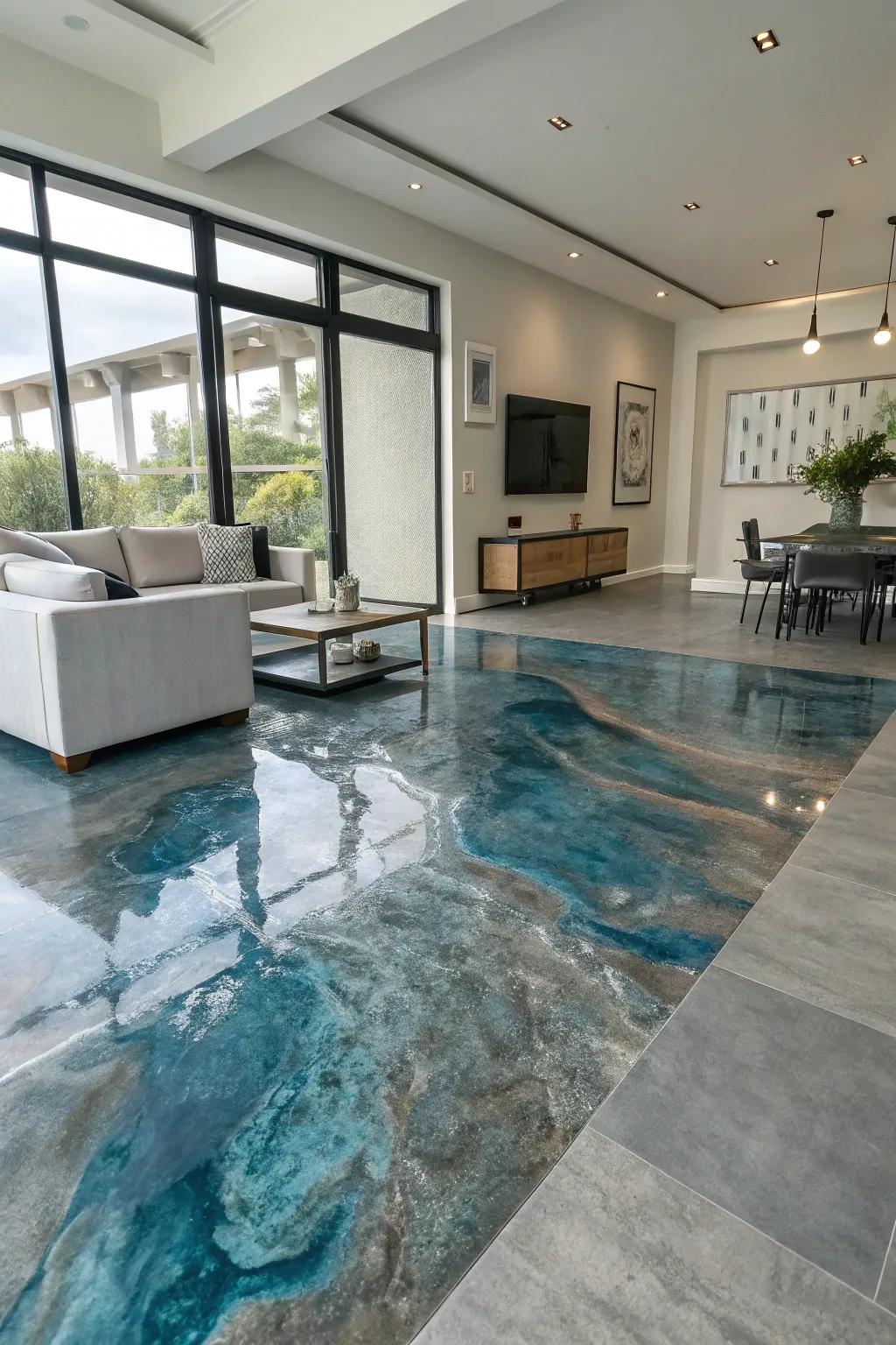 Permit colors to circulate with river-inspired epoxy floor designs.