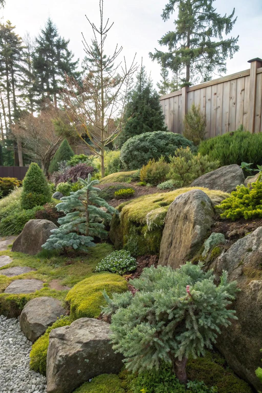 A naturalistic garden design that integrates evergreens and rustic rock arrangements.