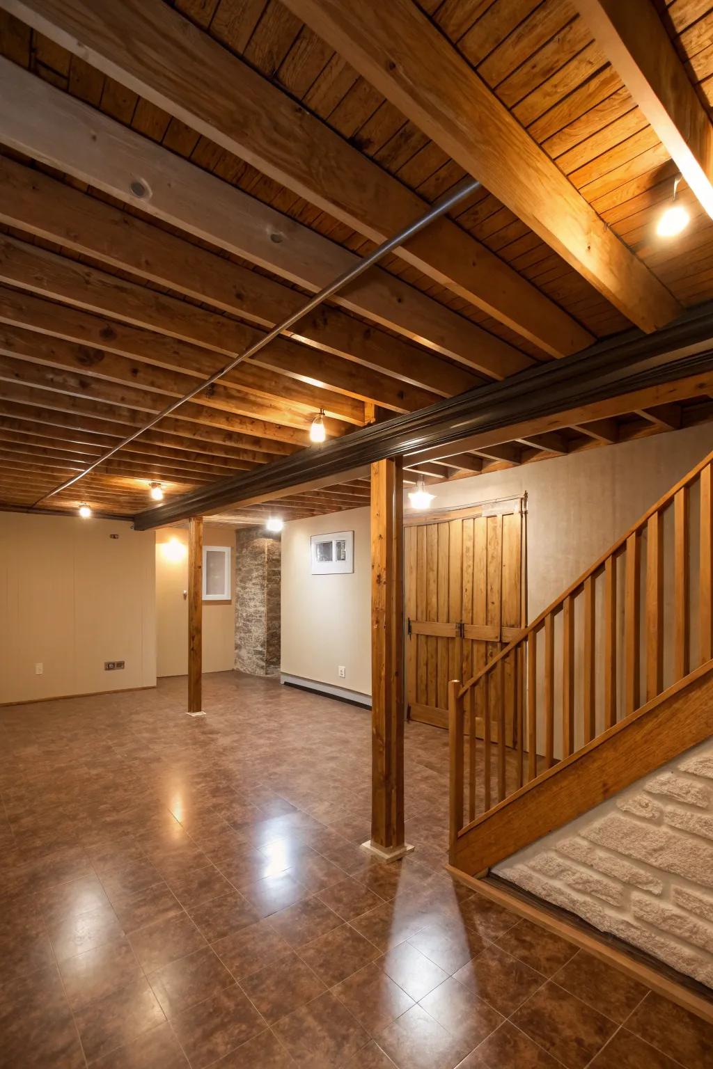 Bespoke wooden boards introduce structure and modern elegance to an exposed ceiling.