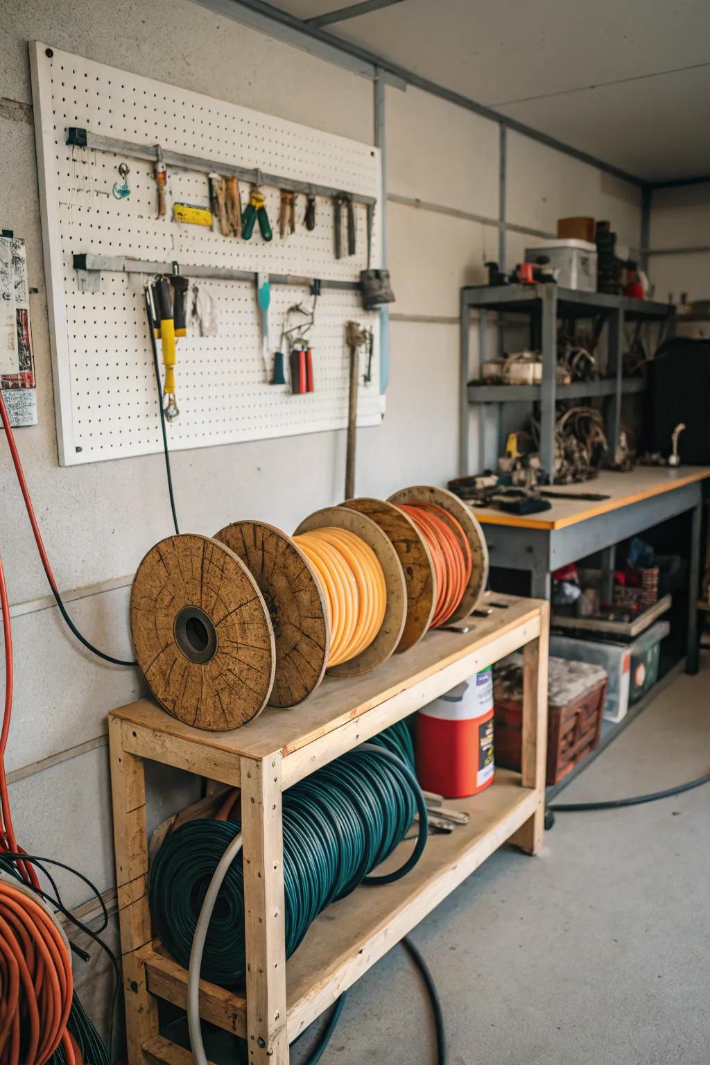 Repurpose old spools for practical and charming lead storage.