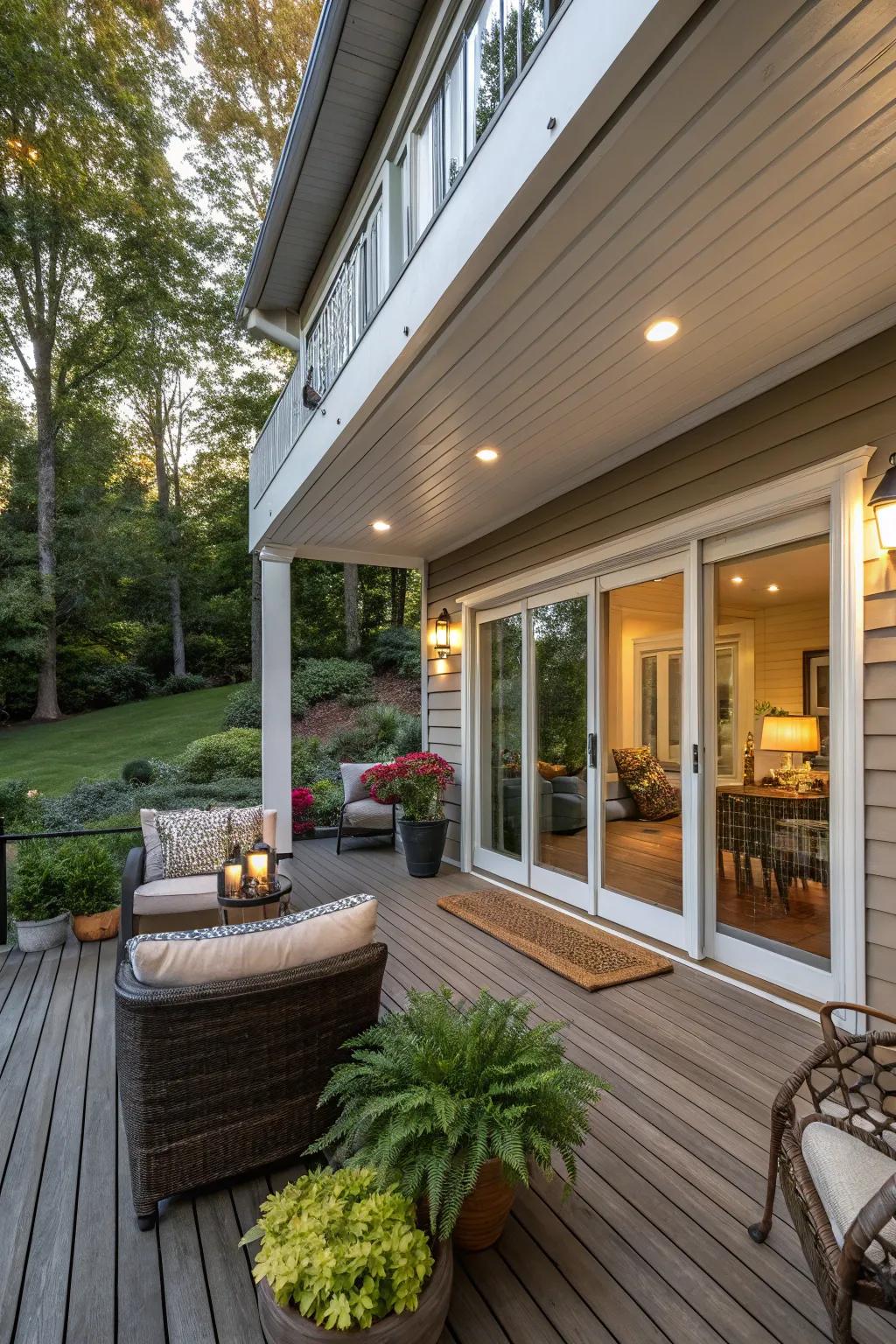 A comfortable covered porch connected to a walkout basement.