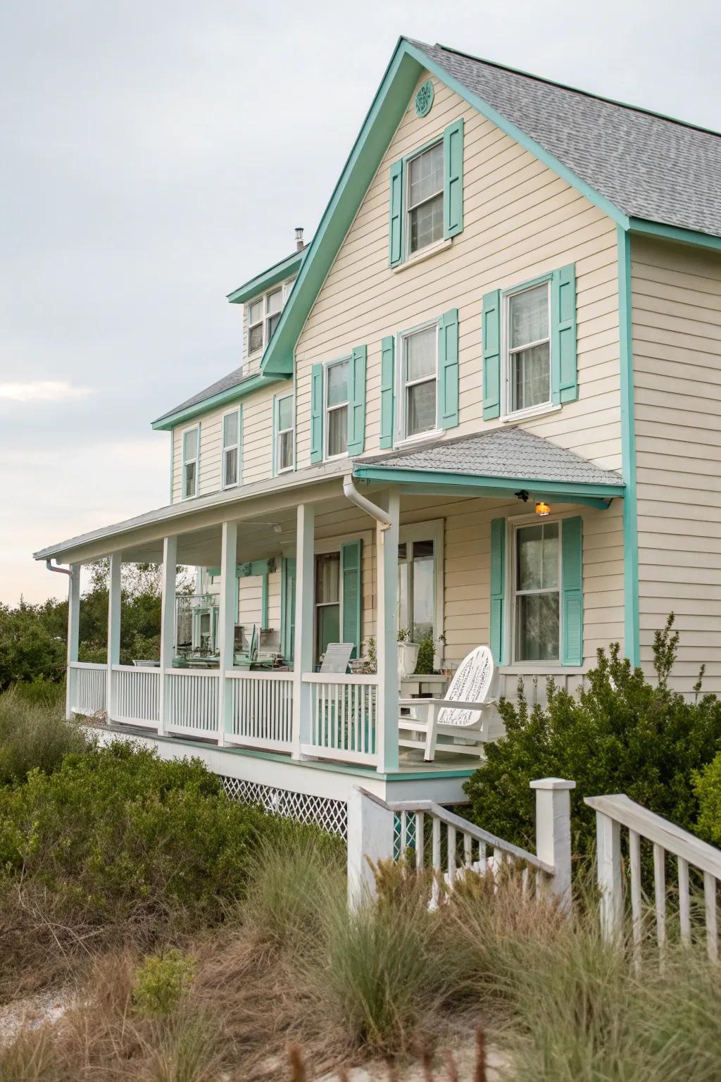Pastel trims bring a soothing coastal ambiance to your home's exterior.