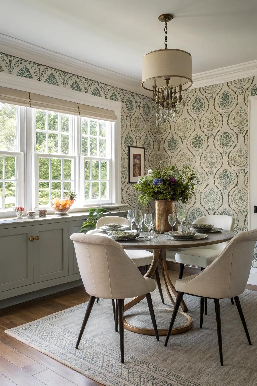 Any space can be completely transformed by the highlighted walls covered in fabric wallpaper.