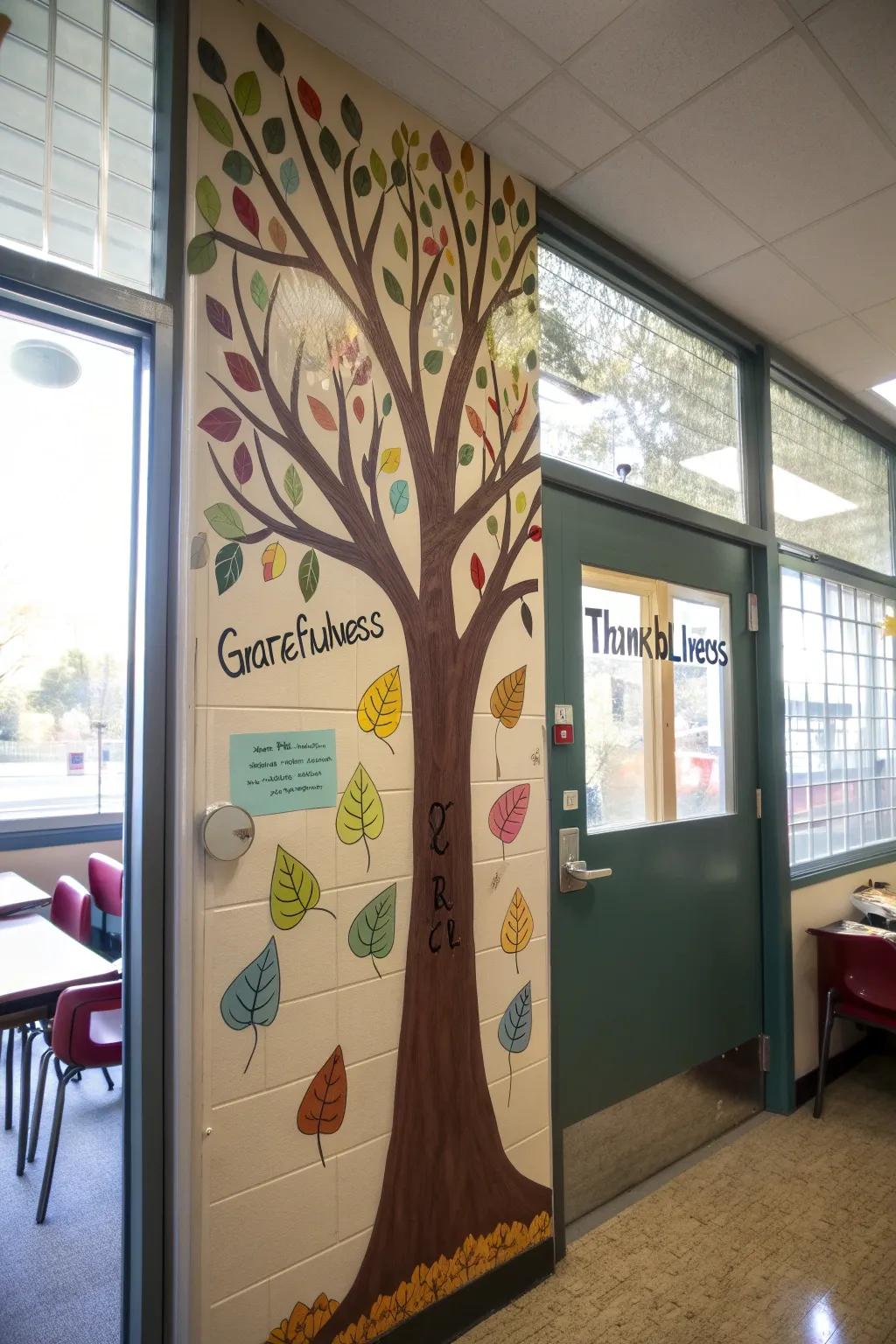 Gratitude tree entrance decor with leaves of gratitude.