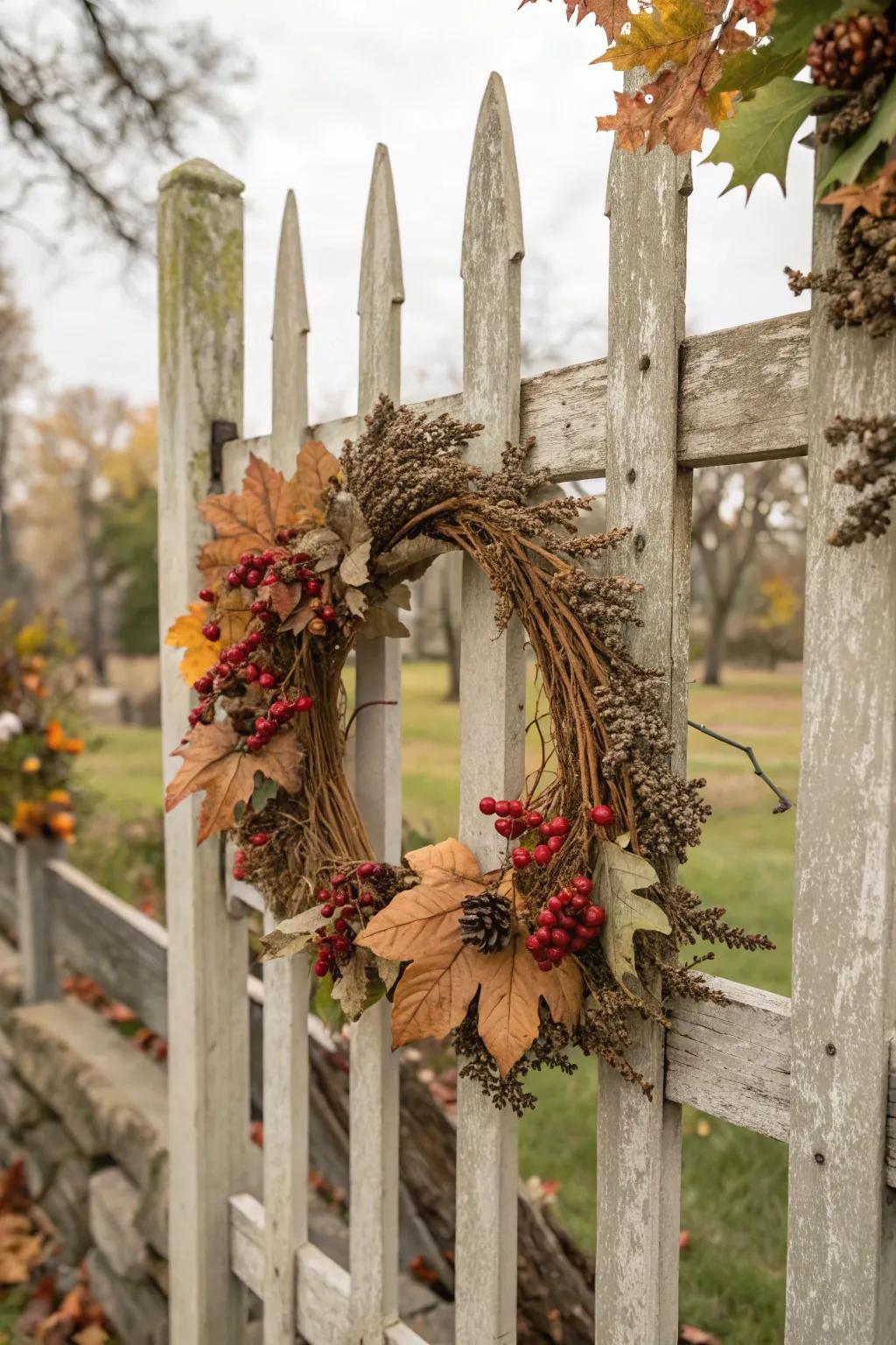 An autumnal garland of desiccated foliage and drupes embellishes the fence.