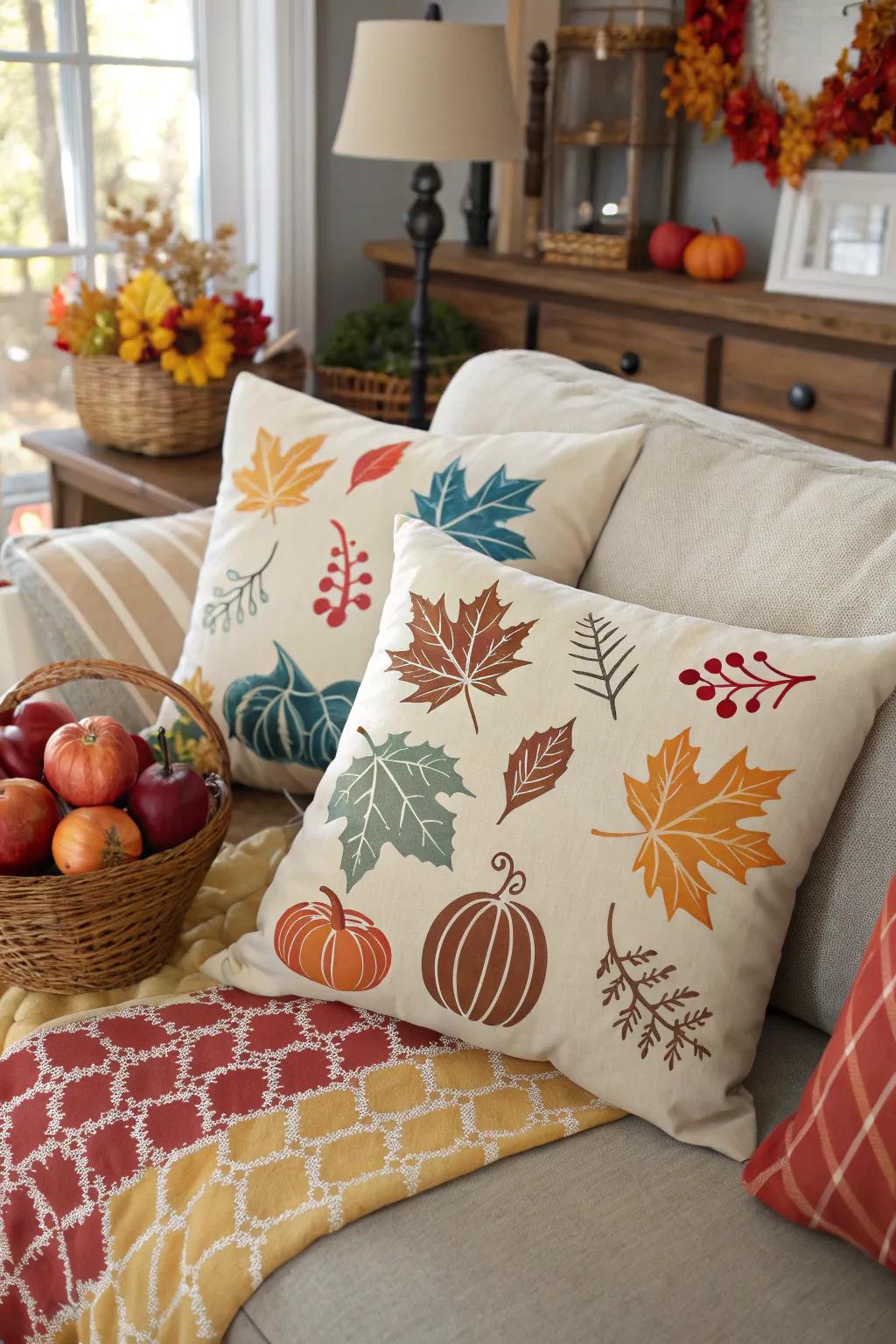 Craft personalized decor with fall-themed DIY stenciled cushions.