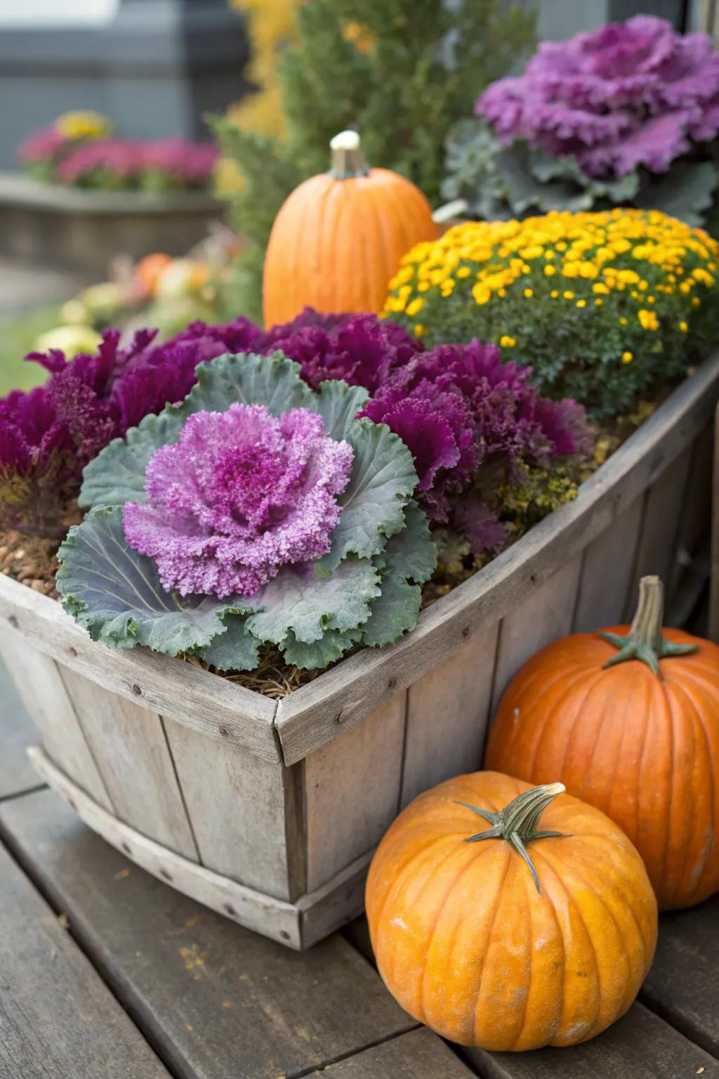 Flowering cabbage and gourds bring color and texture to any container.