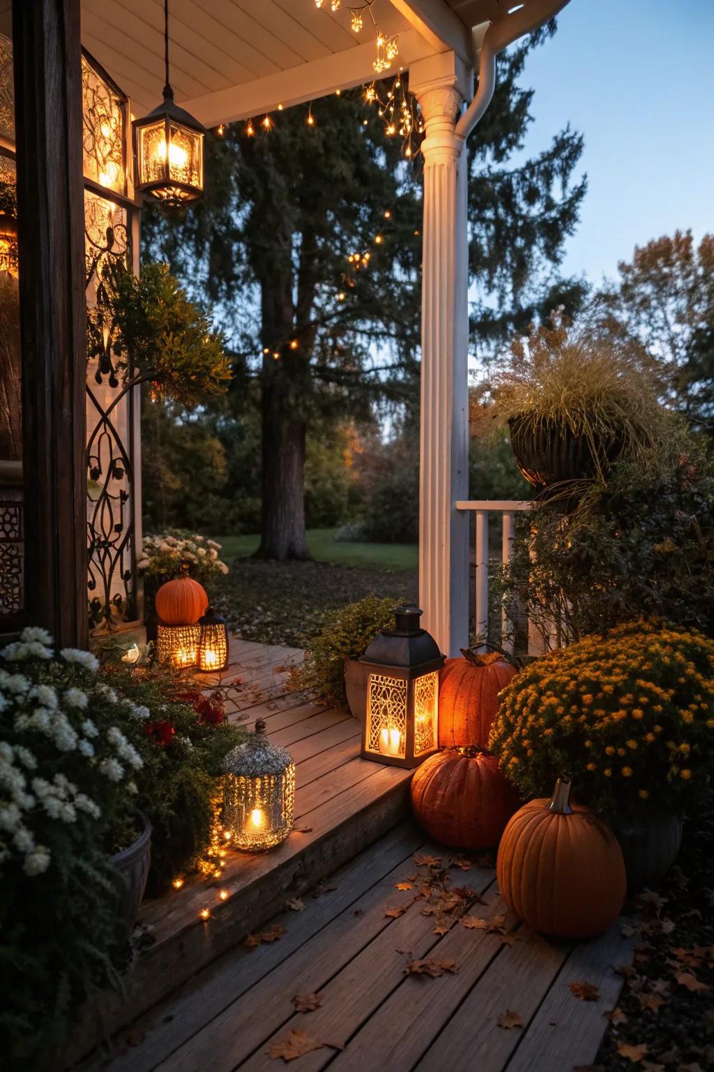 Lamps and lights transform the entryway into an enchanting nighttime retreat.