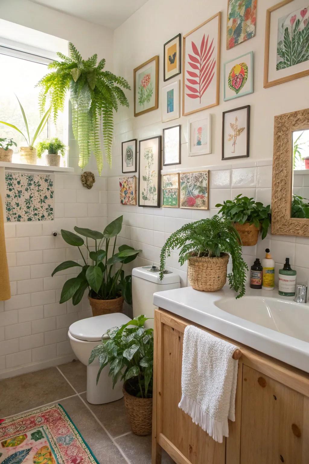 A hint of greenery and art adds life to the bathroom.