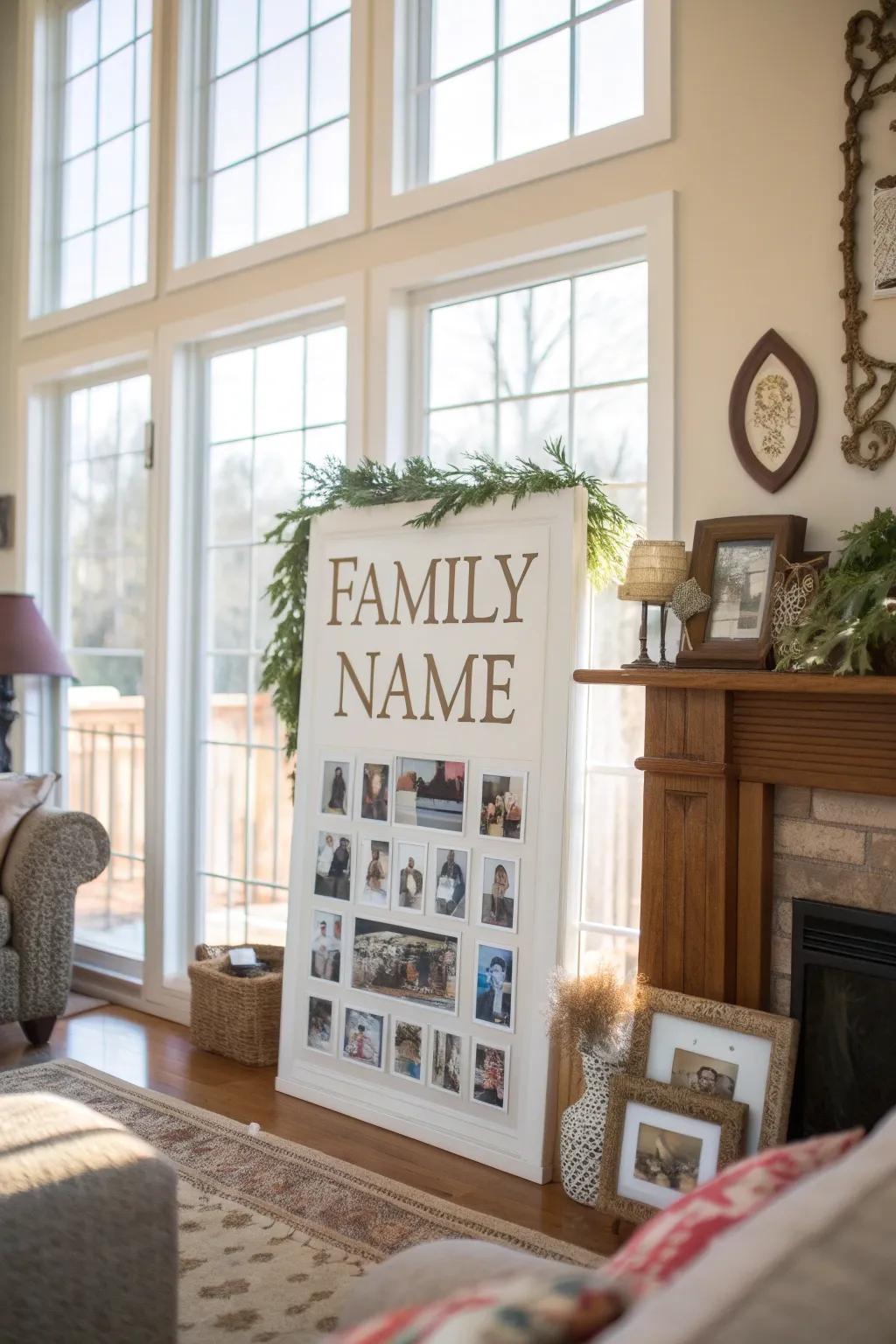 A family name display featuring individual family member identifiers within a living space.