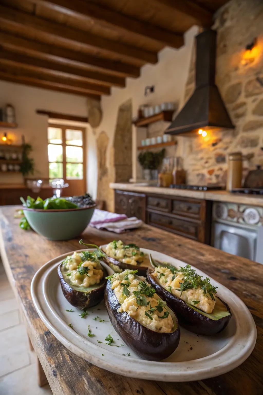 Eggplant shells with eggs result in a satisfying and elegant display.