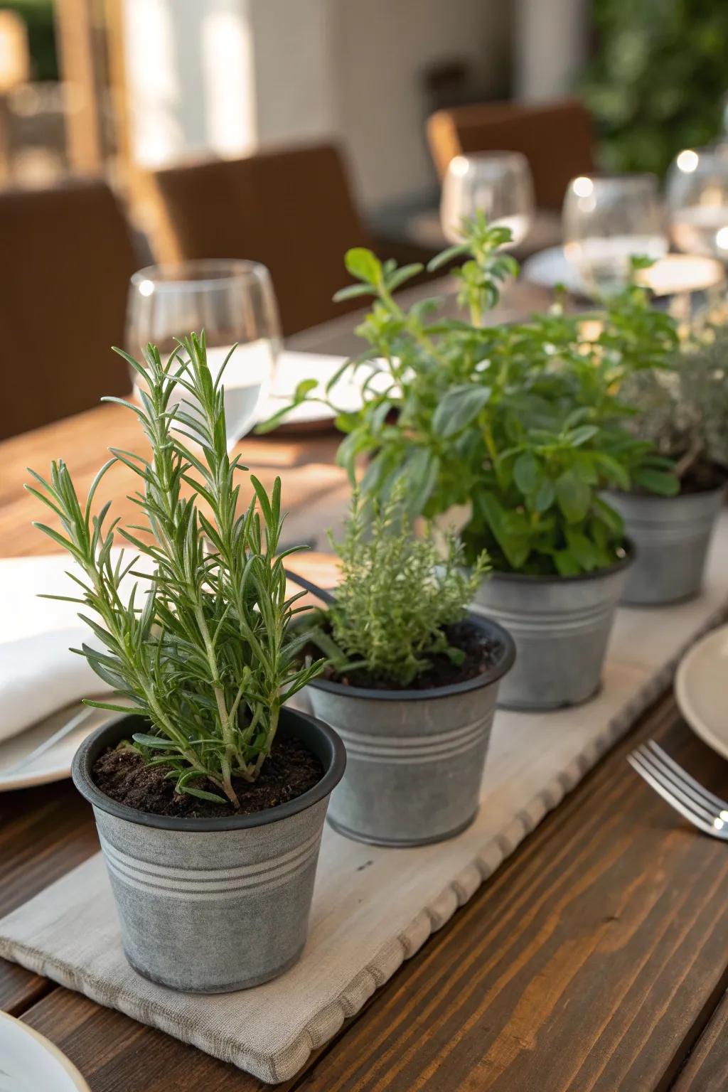 Fresh herbs in pots inject an aromatic and green impression on the table.