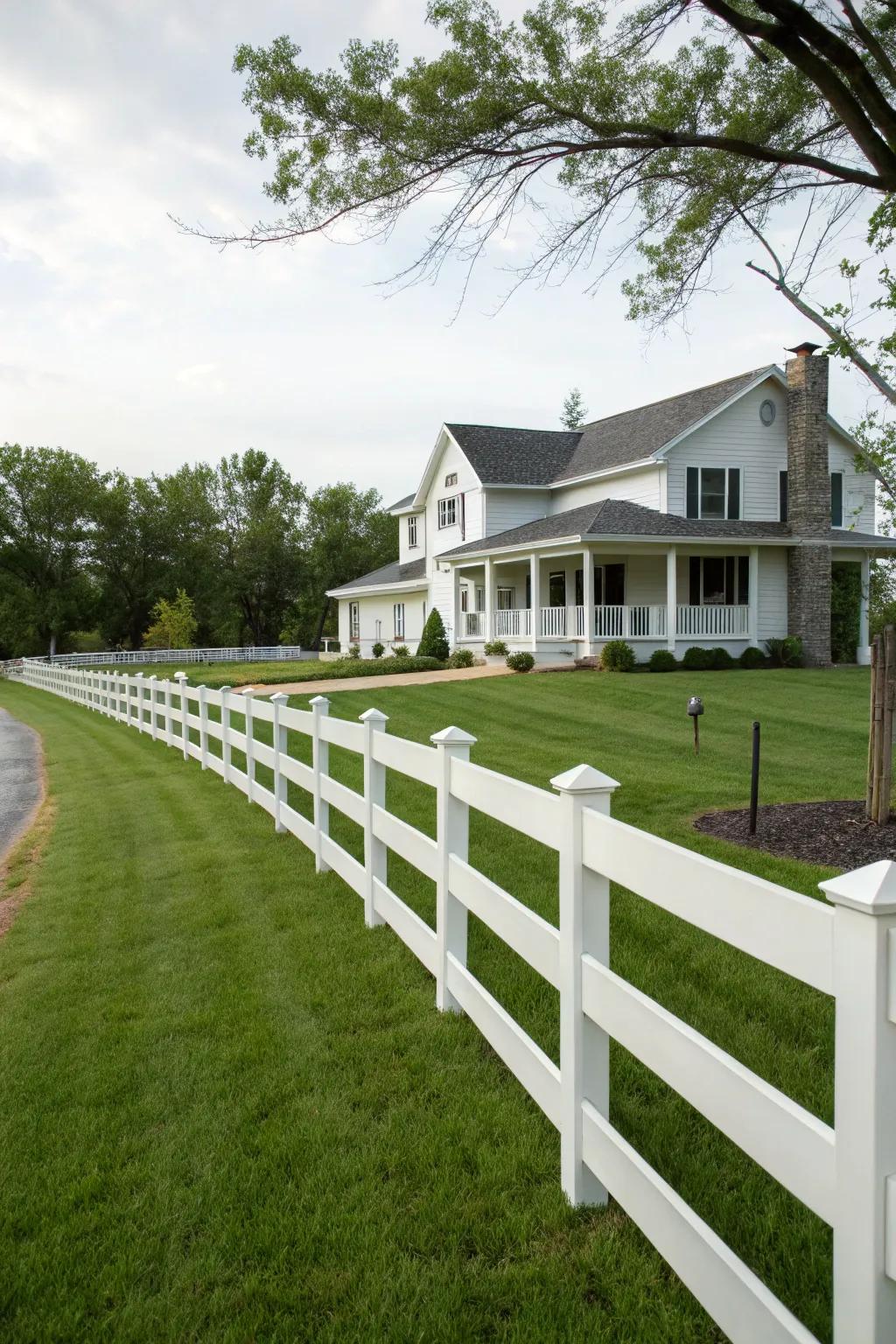 Vinyl ranch rail fences merge style with minimal upkeep.