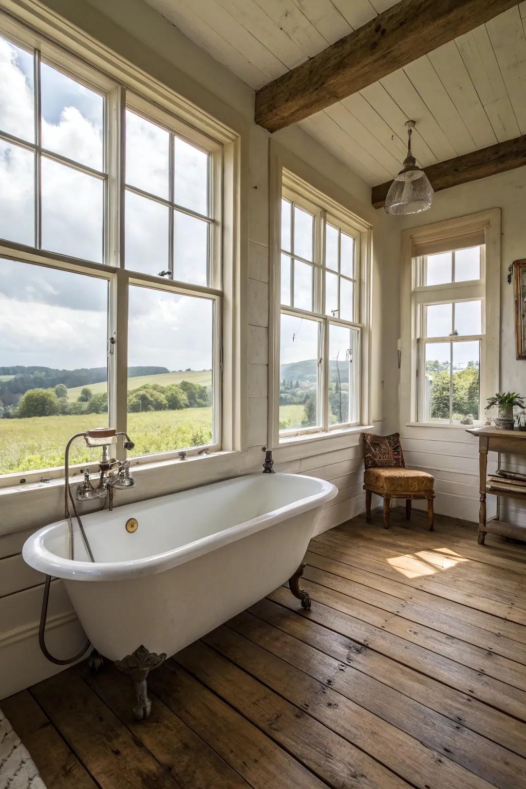 Daylight enriches the warm and welcoming atmosphere of a farmhouse bathroom.